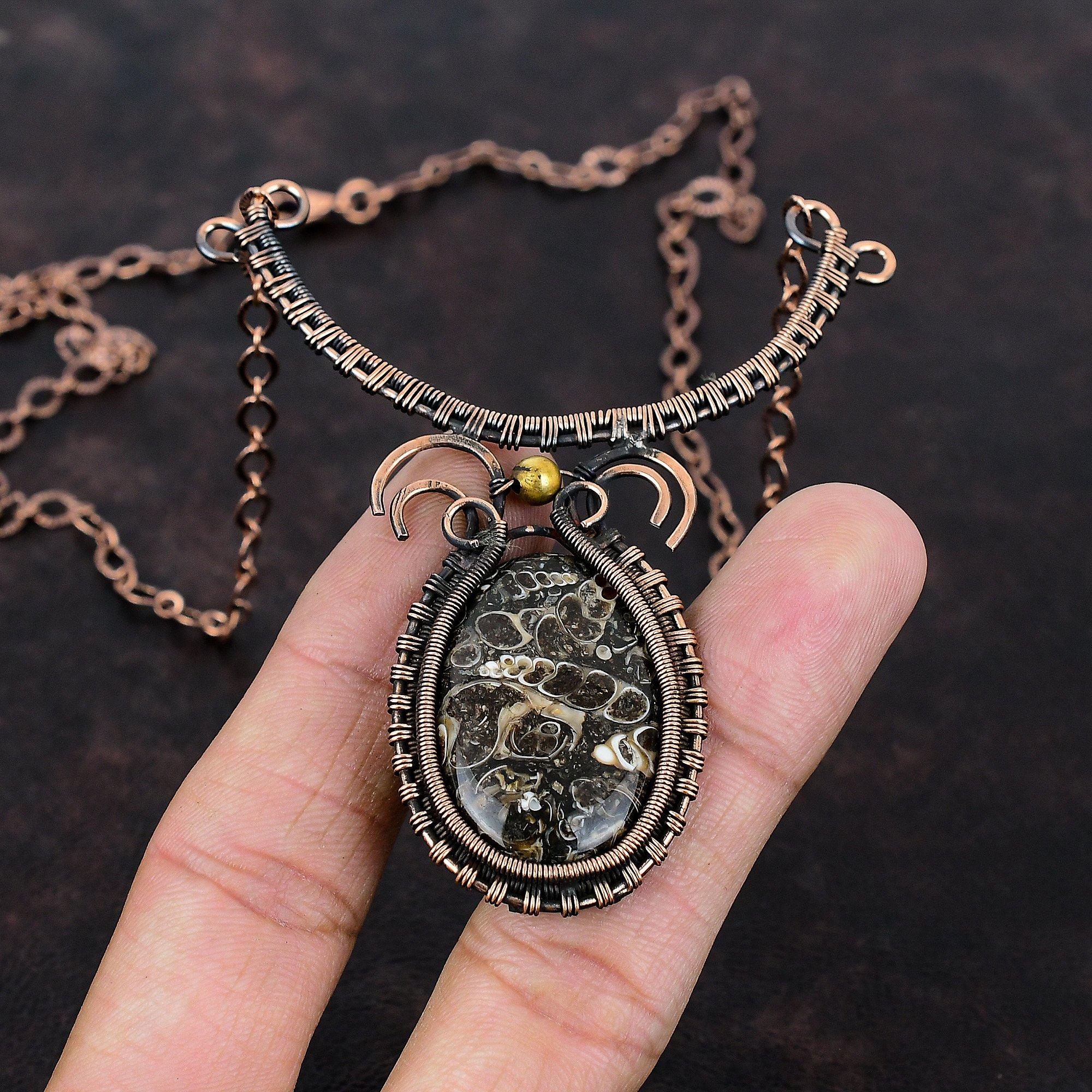 Turritella Agate Necklace Copper Wire Wrapped Jewelry Adjustable Necklace Real Gemstone Necklace Handmade Jewelry Copper Wire Wrap Necklace
