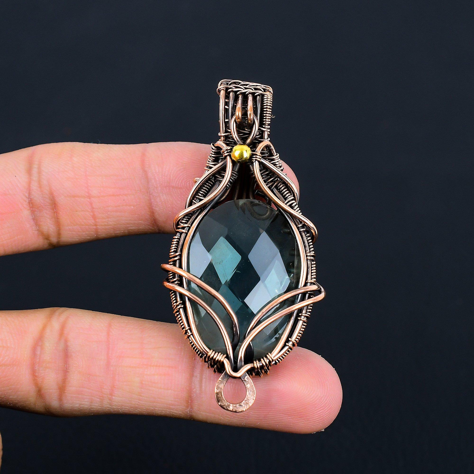 Wonderful Aqua Apatite Gemstone Handmade Pure Copper Wire Wrapped Pendant Jewelry