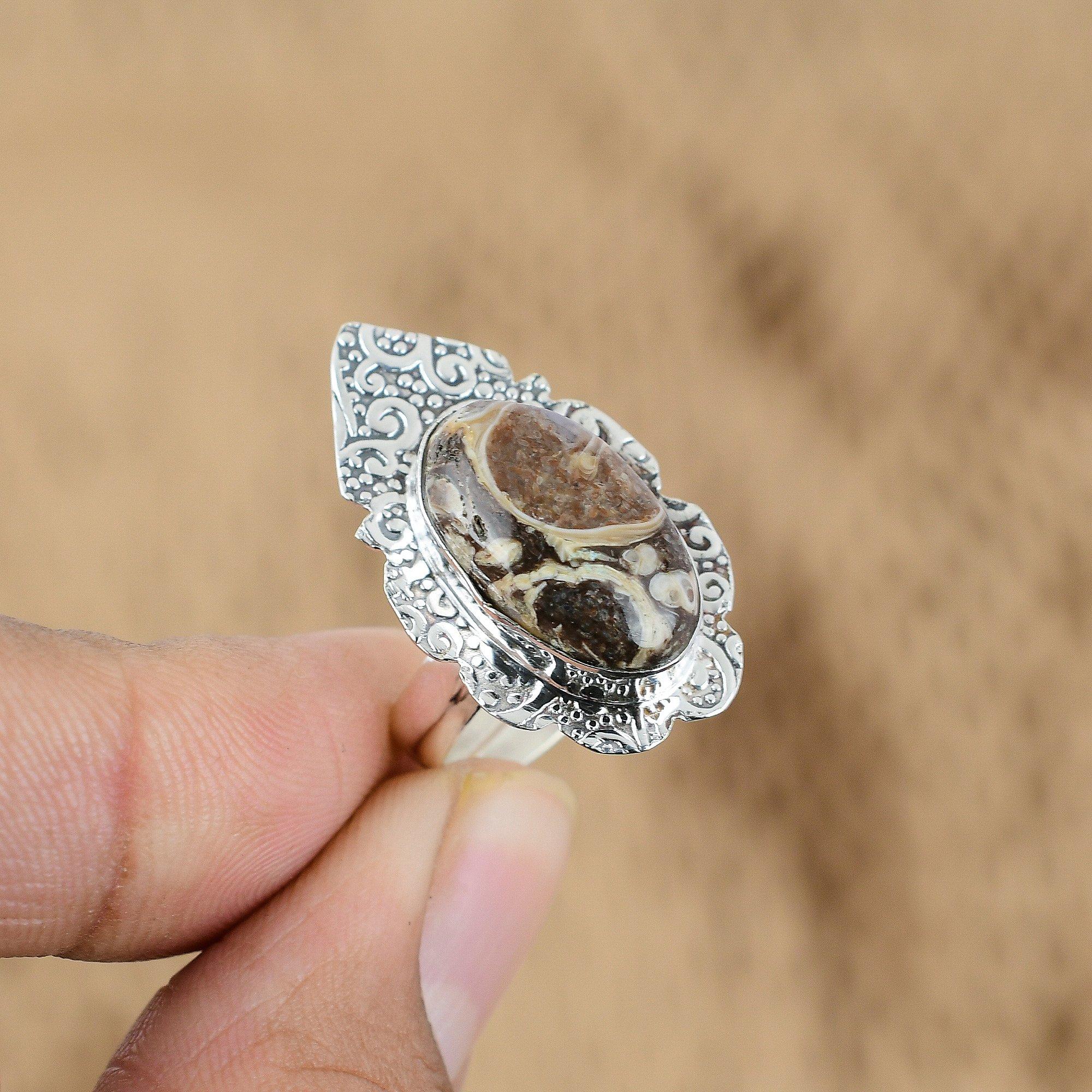 Natural Turritella Agate 925 Silver Multi Stone Adjustable Ring For Women