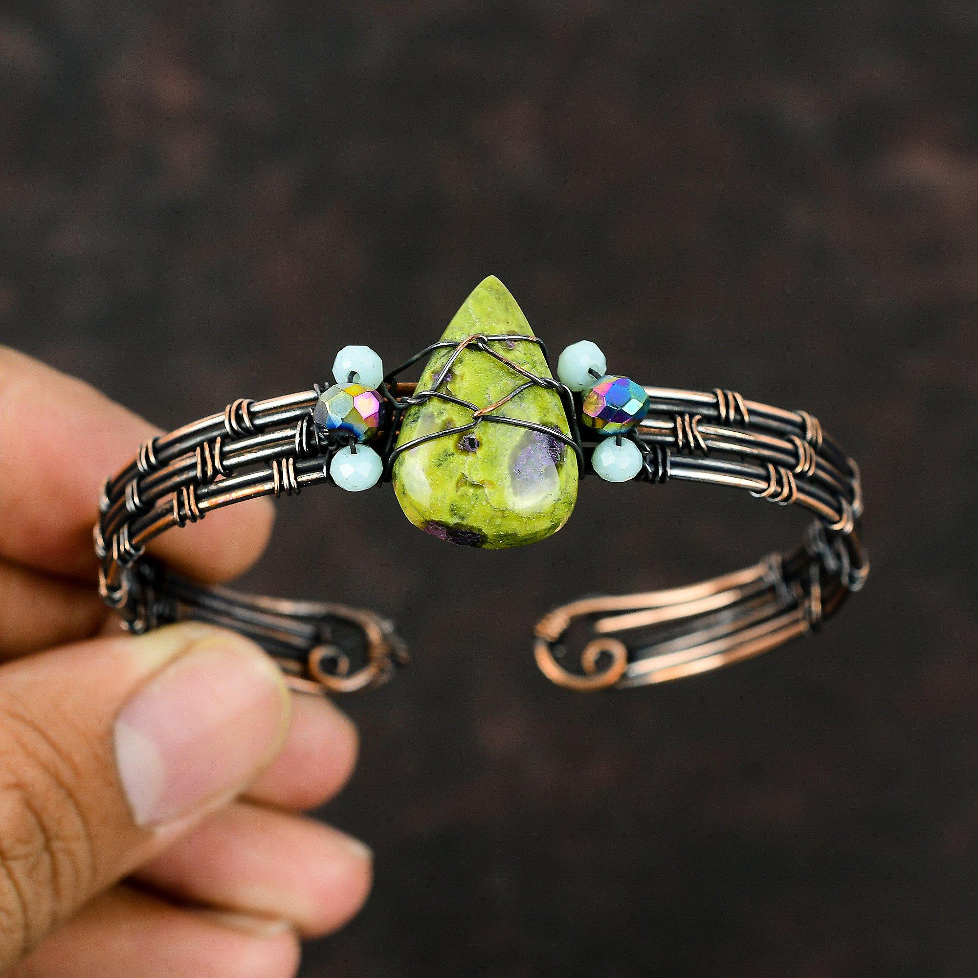 Stichtit Armreif Blauer Chalcedon & Titan Perlen Armband Kupferdraht umwickelt Schmuck Verstellbarer Armreif Edelstein Handarbeit Armreif Kupferschmuck