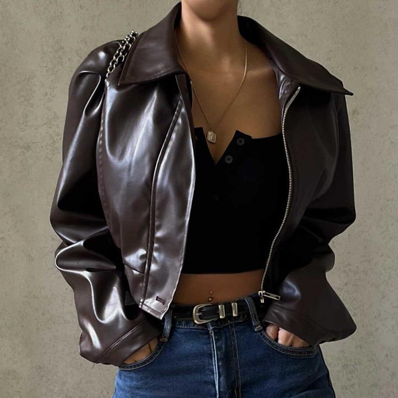 Retro Biker Style Women's PU High-Shine Jacket - 2025 Autumn Winter Trendy Versatile Faux Leather Coat, Edgy Chic Motorcycle Outerwear