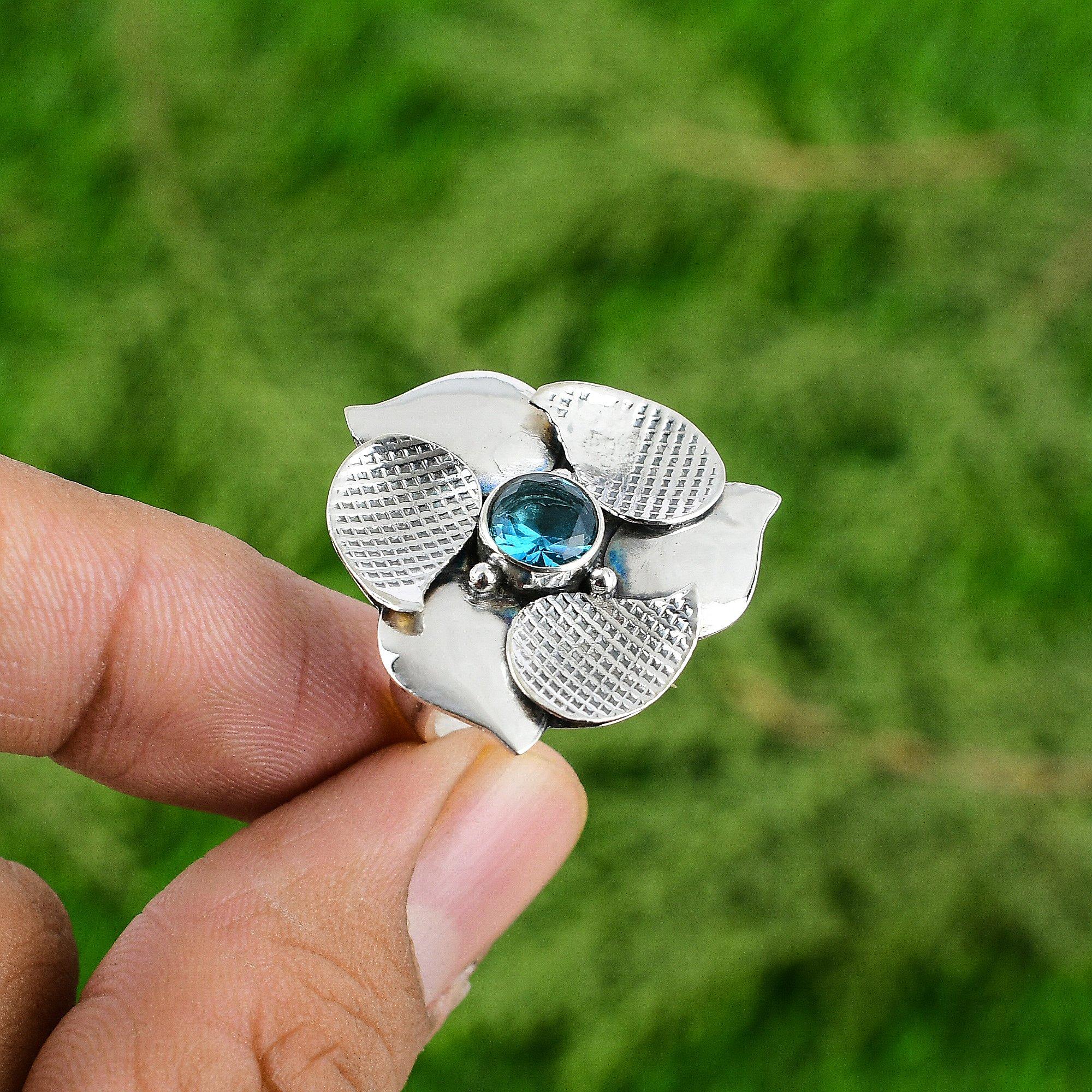 Natural Swiss Blue Topaz Multi Stone Flower Adjustable Ring 925 Silver