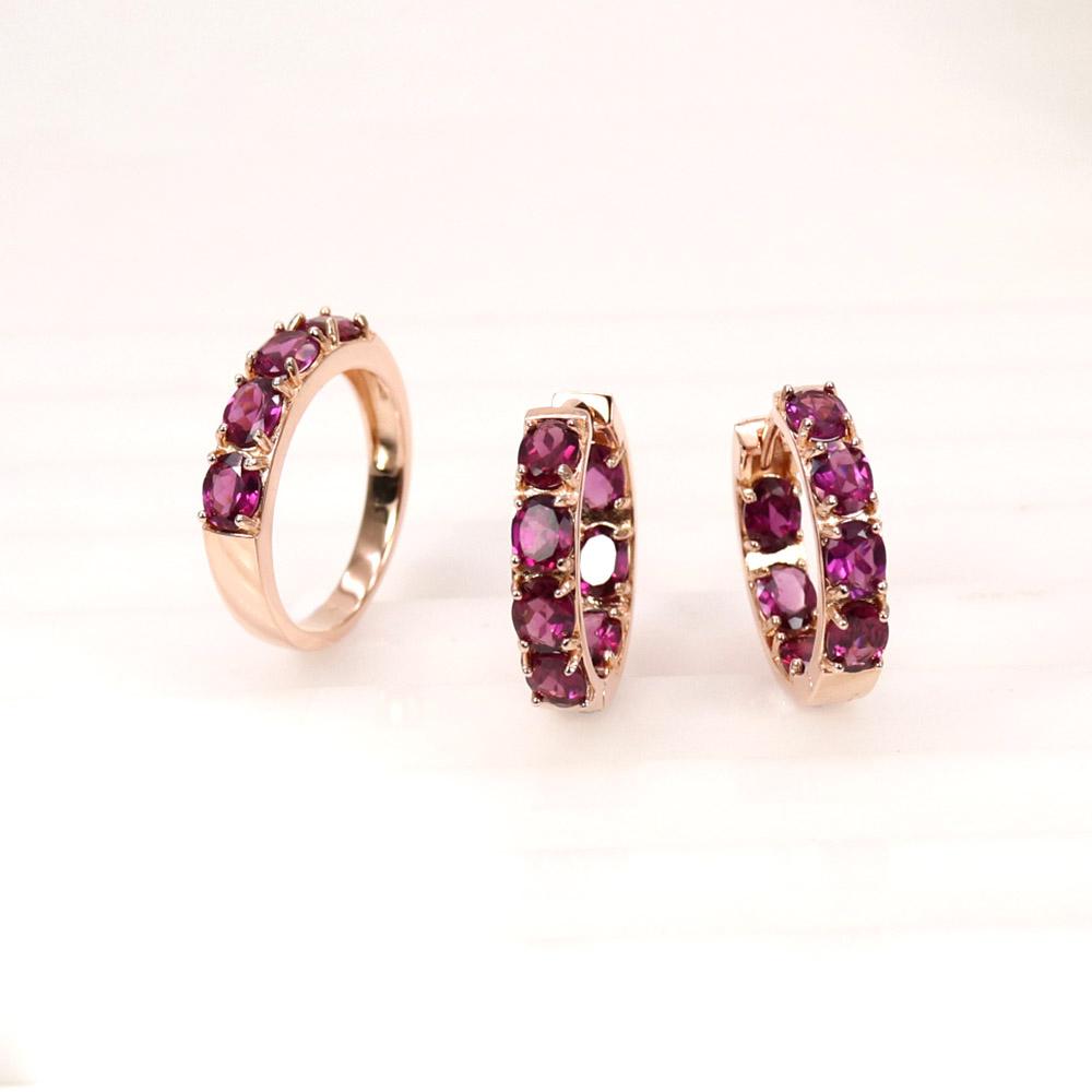 Classic Design Natural Rhodolite Garnet Ring Earring Jewelry Set 925 Sterling Silver for Women Daily Wear Fine Jewelry