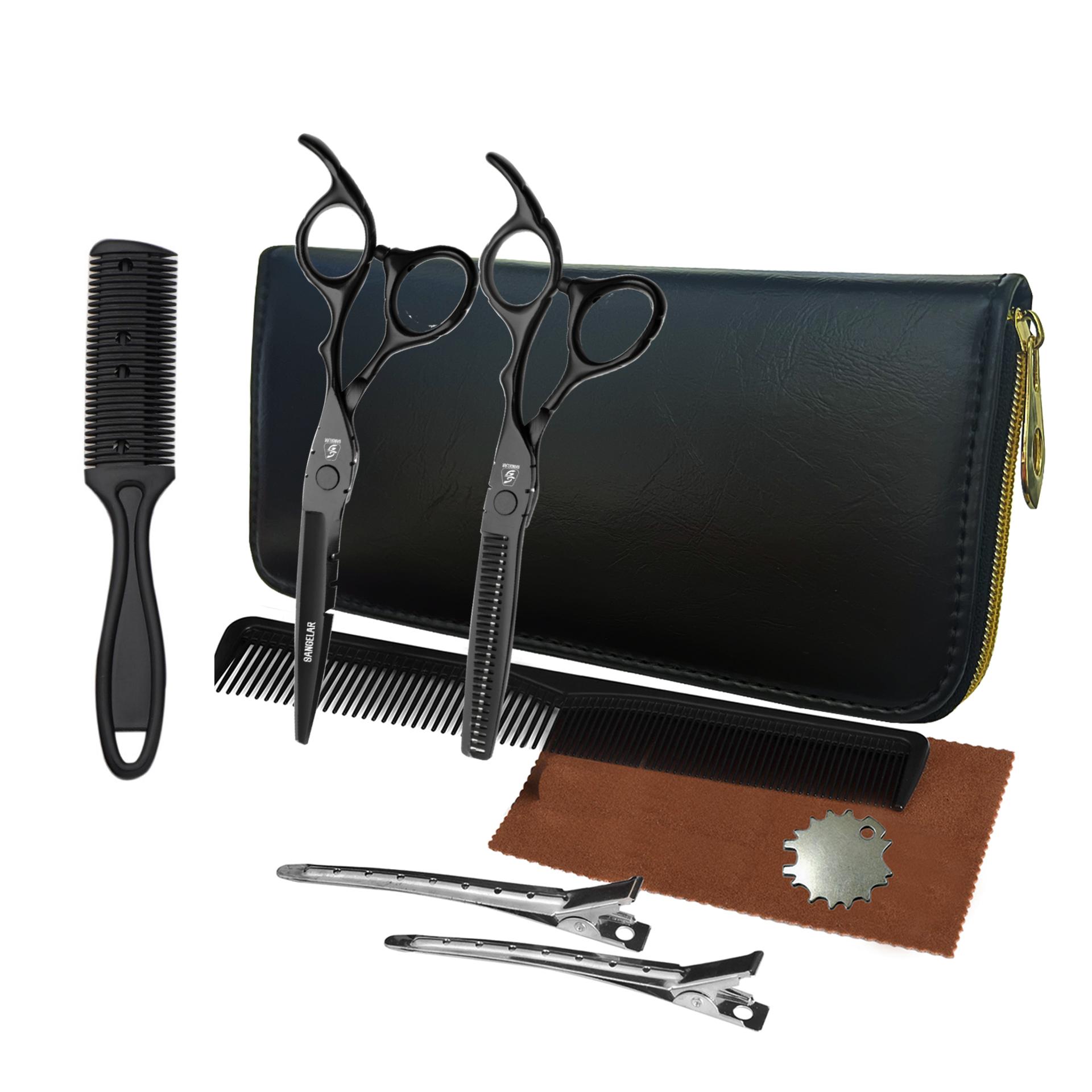 SANGELAR 6 Inch 9pcs Set Black Scissors Cutting Shear Thinning Scissors High Quality Hair Scissors Haircut Shear Barber Clipper  Set