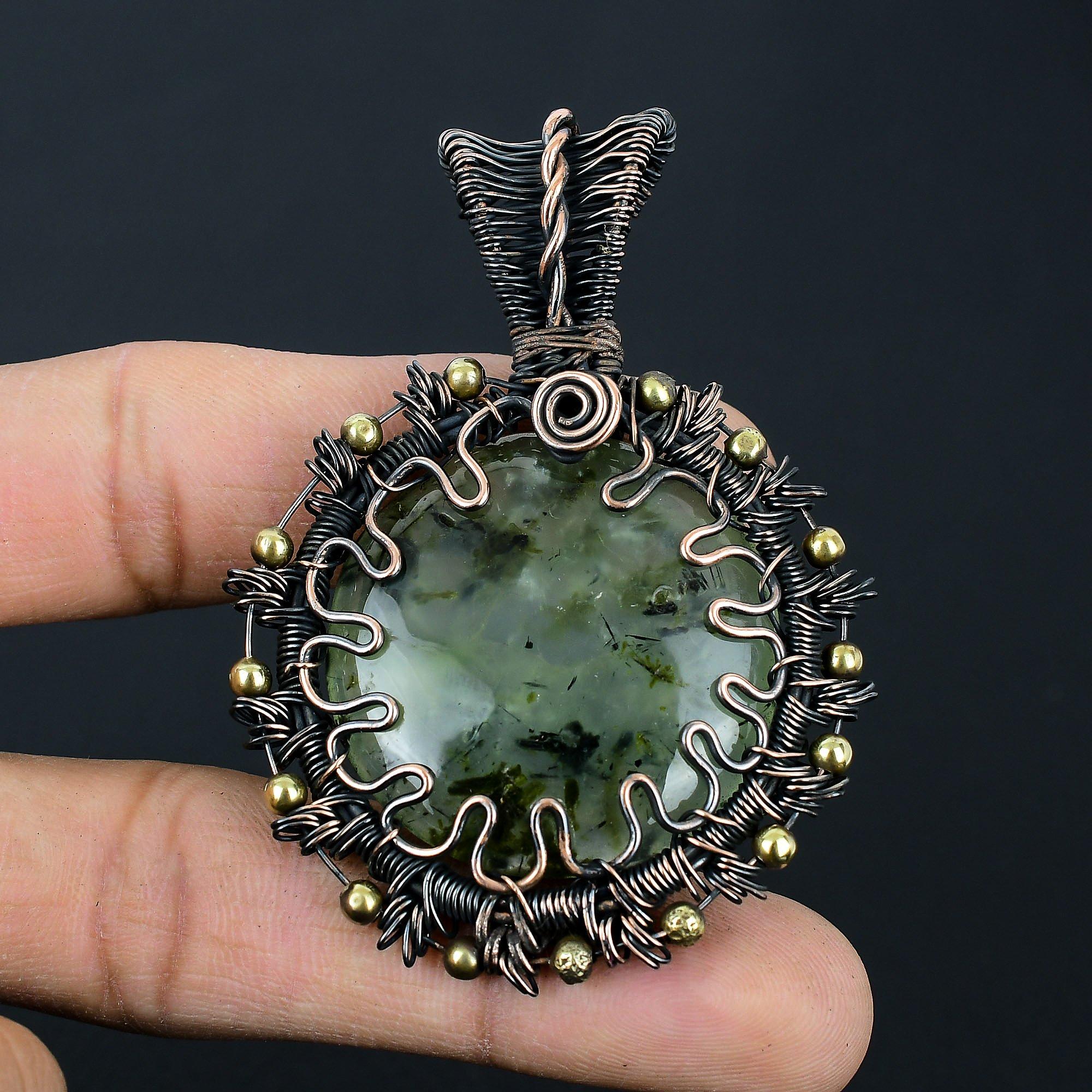 Prehnite Gemstone Handmade Pure Copper Wire Wrap Jewelry Pendant For Love