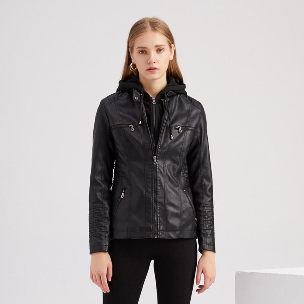 Damen Frühling Herbst Kapuze Zweiteilige abnehmbare große PU gewaschene Lederjacke S-4XL