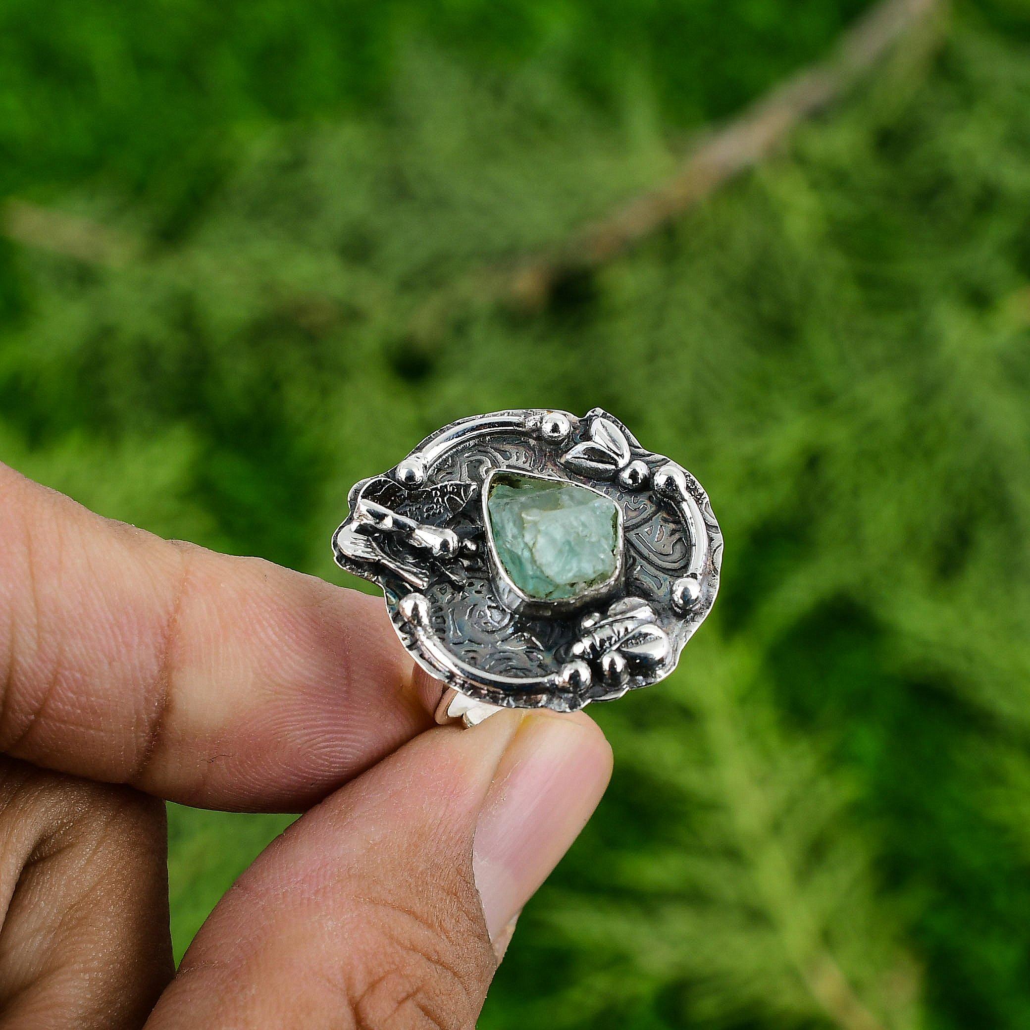 Pear Prehnite Rough Gemstone Sterling Silver Mother Elegant Promise Boho Ring