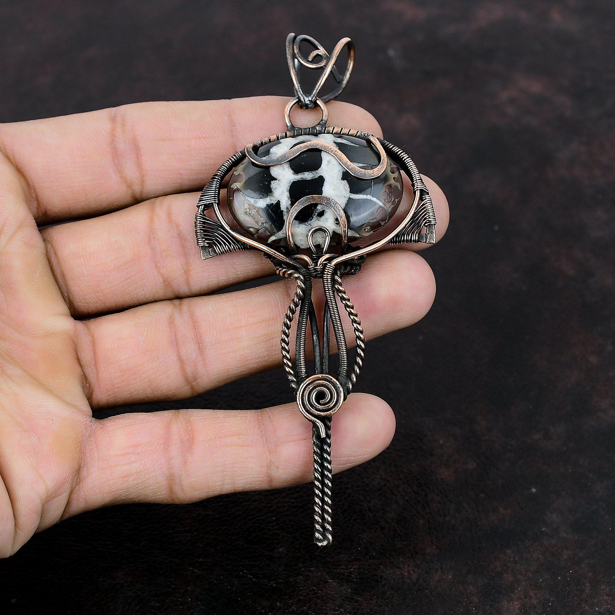 Moroccan Mud Crack Fossil Pendant Copper Wire Wrapped Pendant Handmade Copper Jewelry Pendant For Women Dainty Gemstone Jewelry Wedding Gift