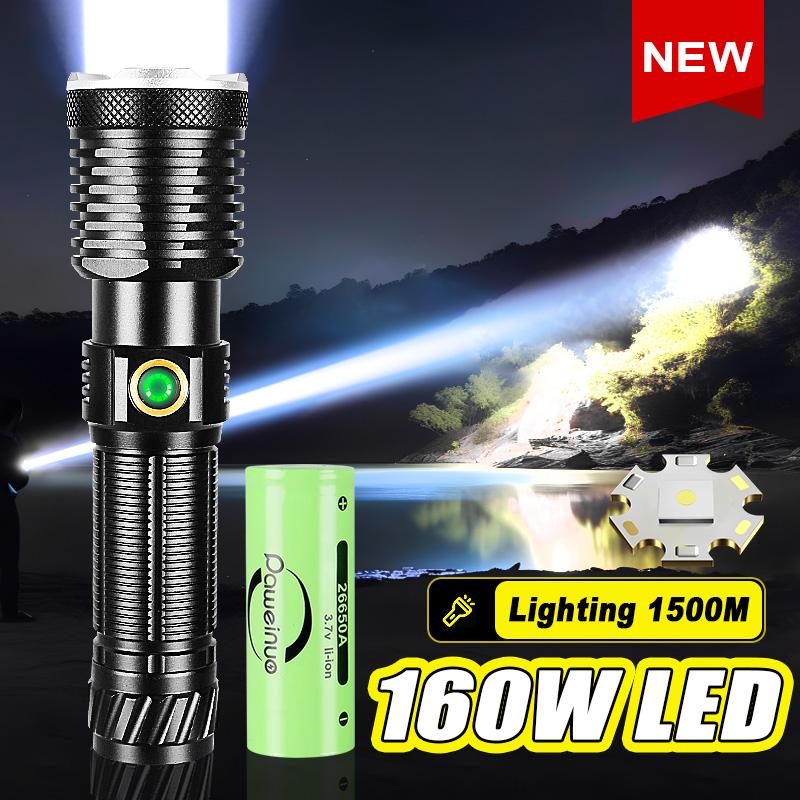 Svítilna 800000LM 160W LED ultravýkonná baterka Přenosná svítilna Svítilny s dlouhým dosahem Vodotěsná lucerna Zoomovatelná svítilna
