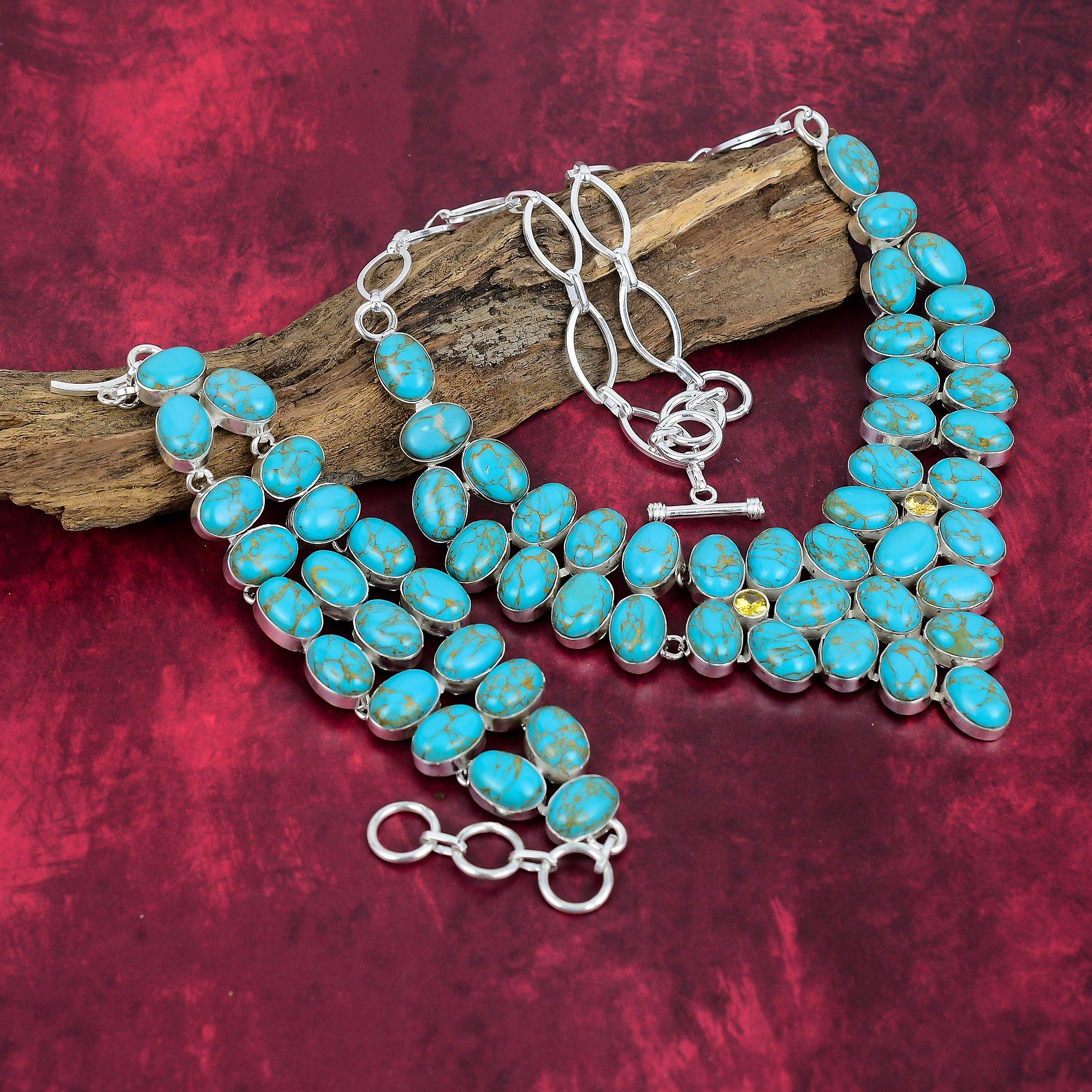 Blue Copper Turquoise Handmade Gemstone Necklace, 925 Solid Sterling Silver Bracelet Antique Jewelry, Bracelet & Necklace Jewelry Set