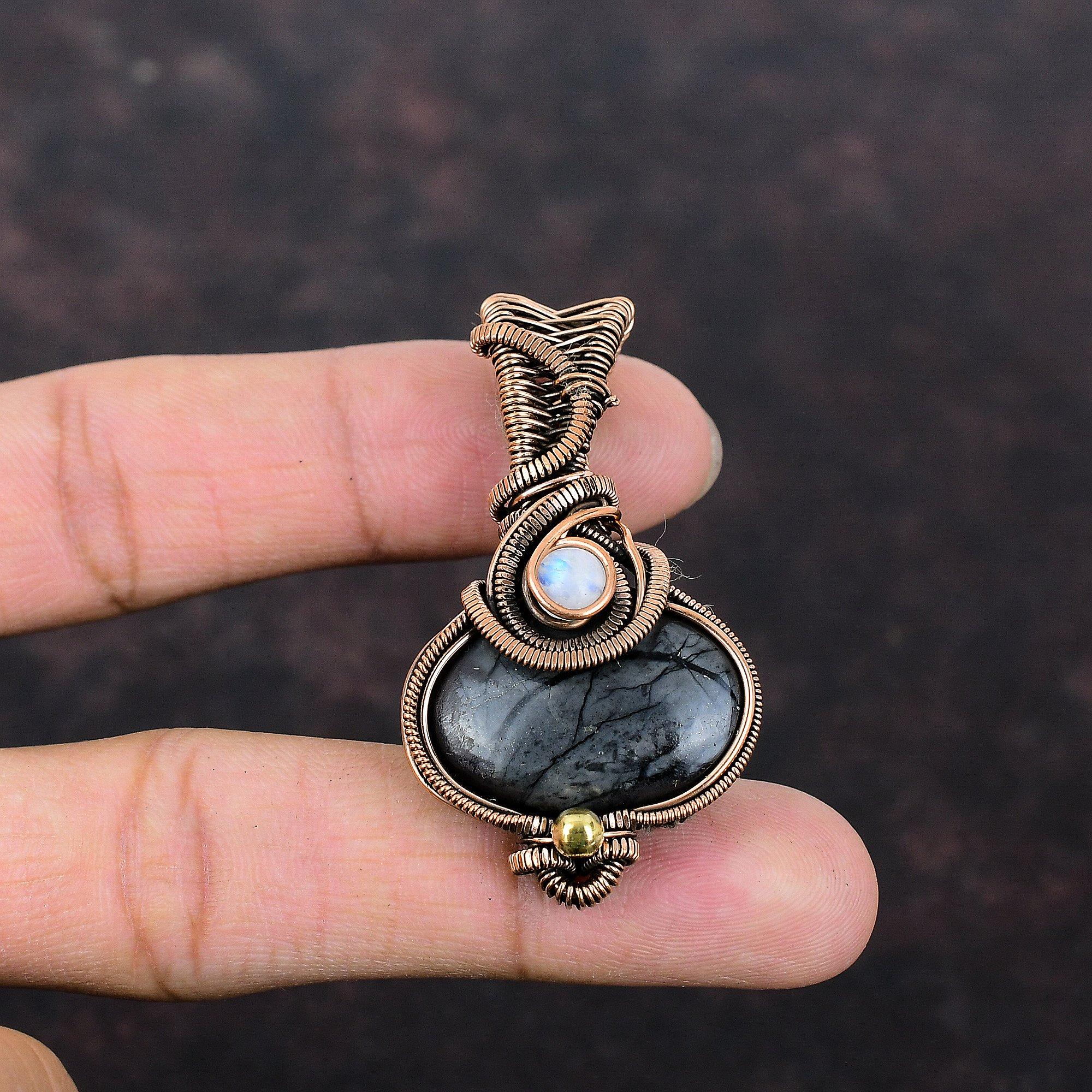 Picasso Jasper Pendant Copper Wire Wrapped Pendant Rainbow Moonstone Pendant Gemstone Jewelry Handmade Pendant Copper Jewelry Healing Stone