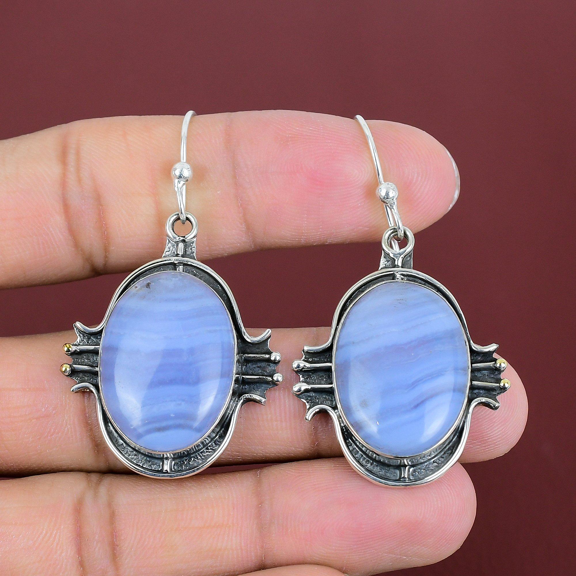 Blue Lace Agate Earrings Original Gemstone Jewelry 925 Sterling Silver Earrings Handmade Dangle Earring Engagement Gifts Brand New Earrings