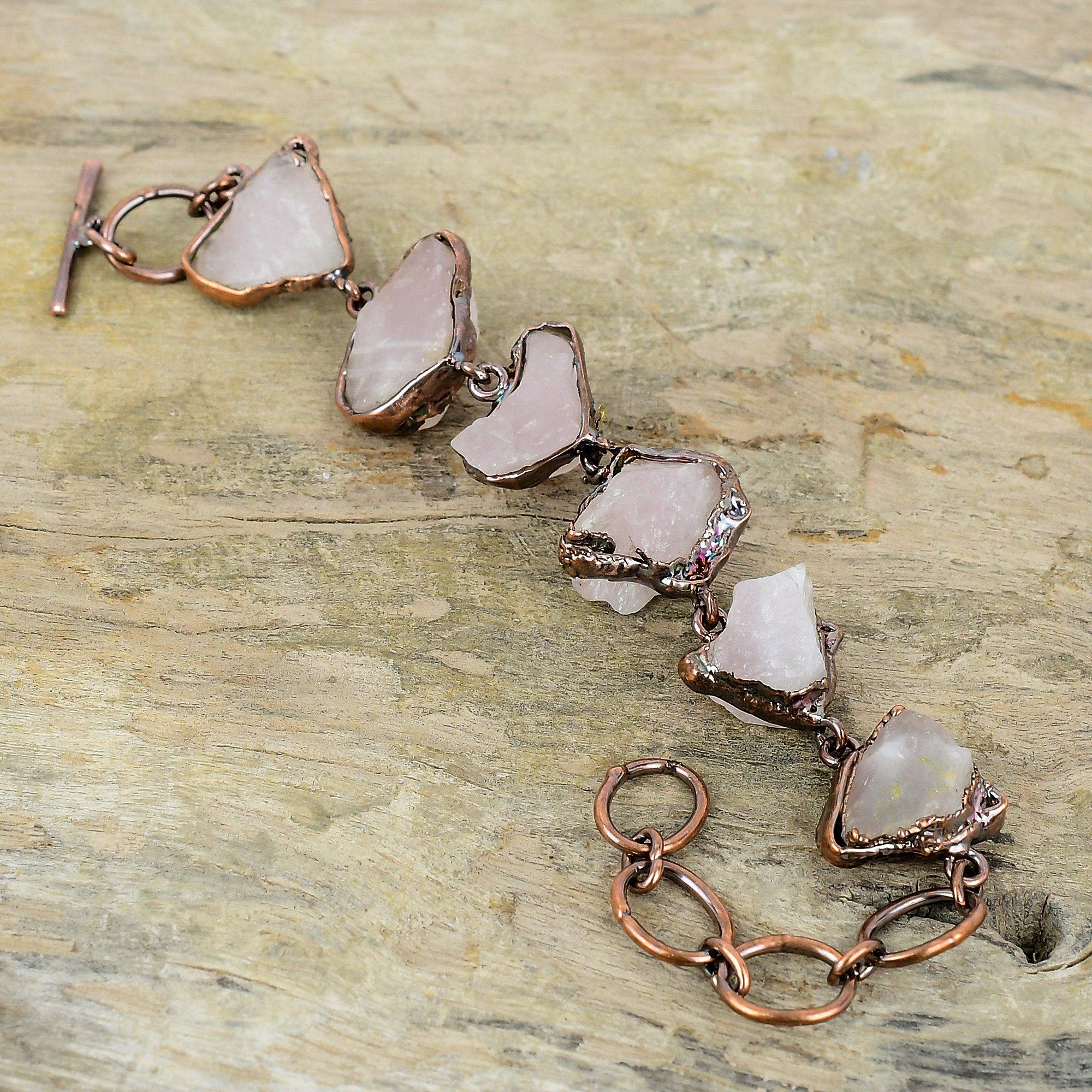 Rosenquarz Roharmband Elektrogeformtes Kupferarmband Verstellbares Kettenarmband Edelsteinarmband als Geschenk Handgemachter elektrogeformter Schmuck