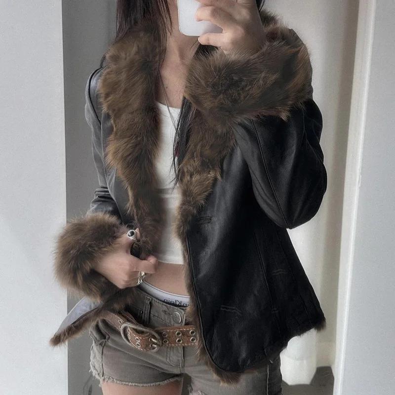 Faux Fur Patchwork Pu Leather Jacket Luxurious Furry Collar Warm Long Sleeve Coats Winter Chic V-neck Cardigan Thick Outerwear
