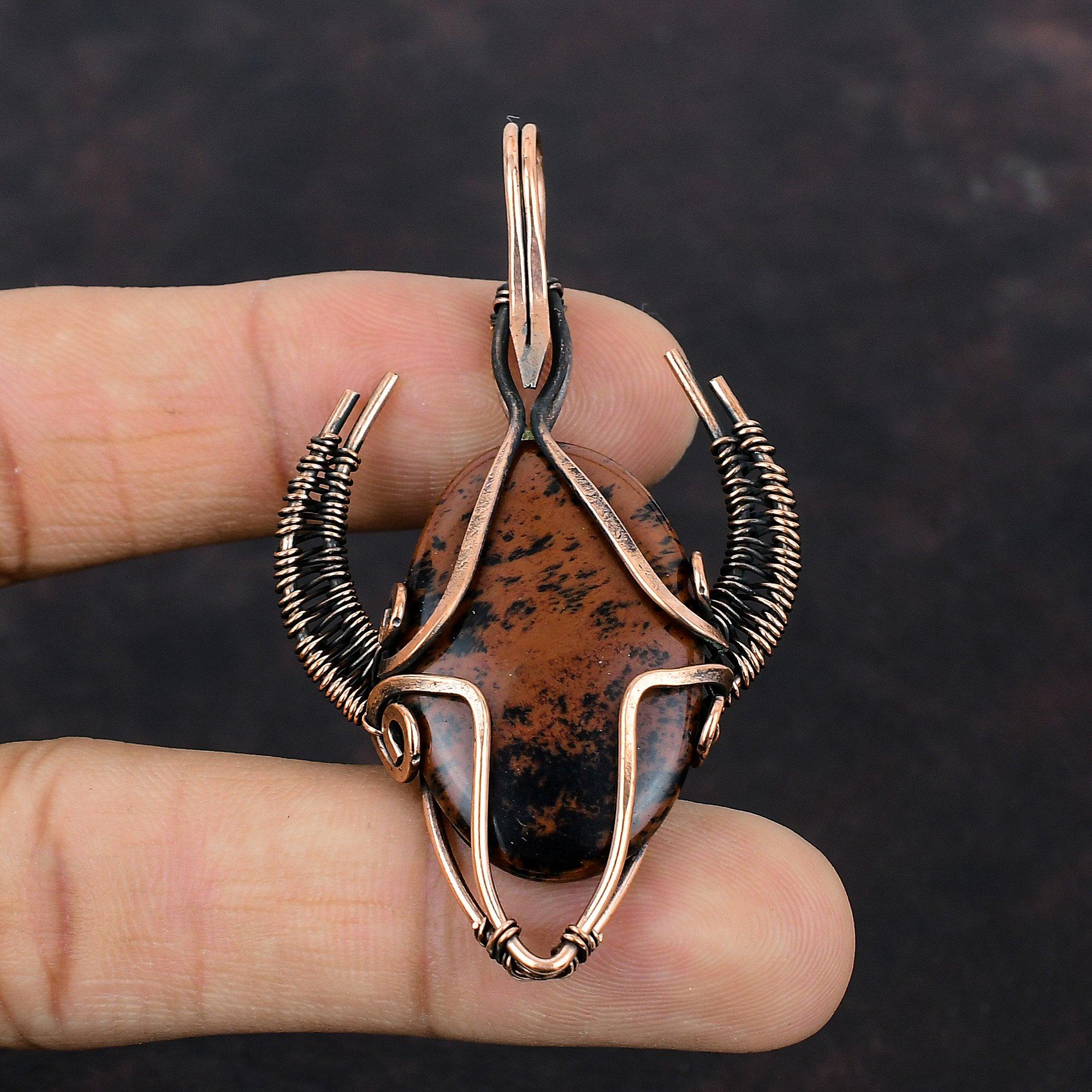 Mahogany Obsidian Pendant Copper Wire Wrapped Jewelry Gemstone Copper Pendant Handmade Wire Pendant Gift For Mother Bull Face Shape Pendant