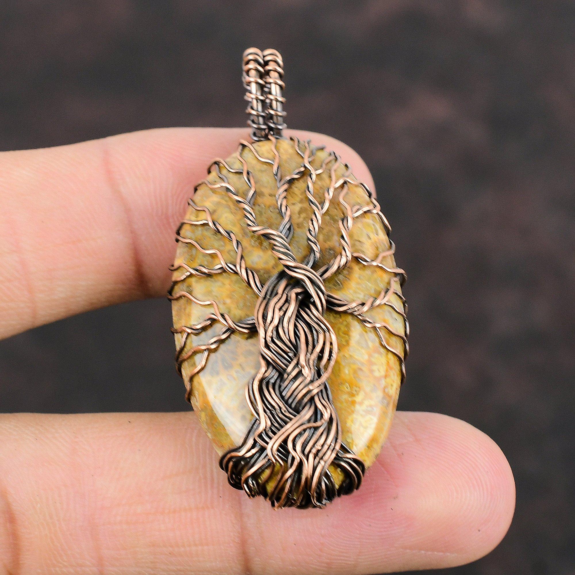 Tree Of Life Fossil Coral Pendant Copper Wire Wrapped Pendant Handmade Jewelry Gemstone Pendant Copper Wire Jewelry Anniversary Gift For Mom