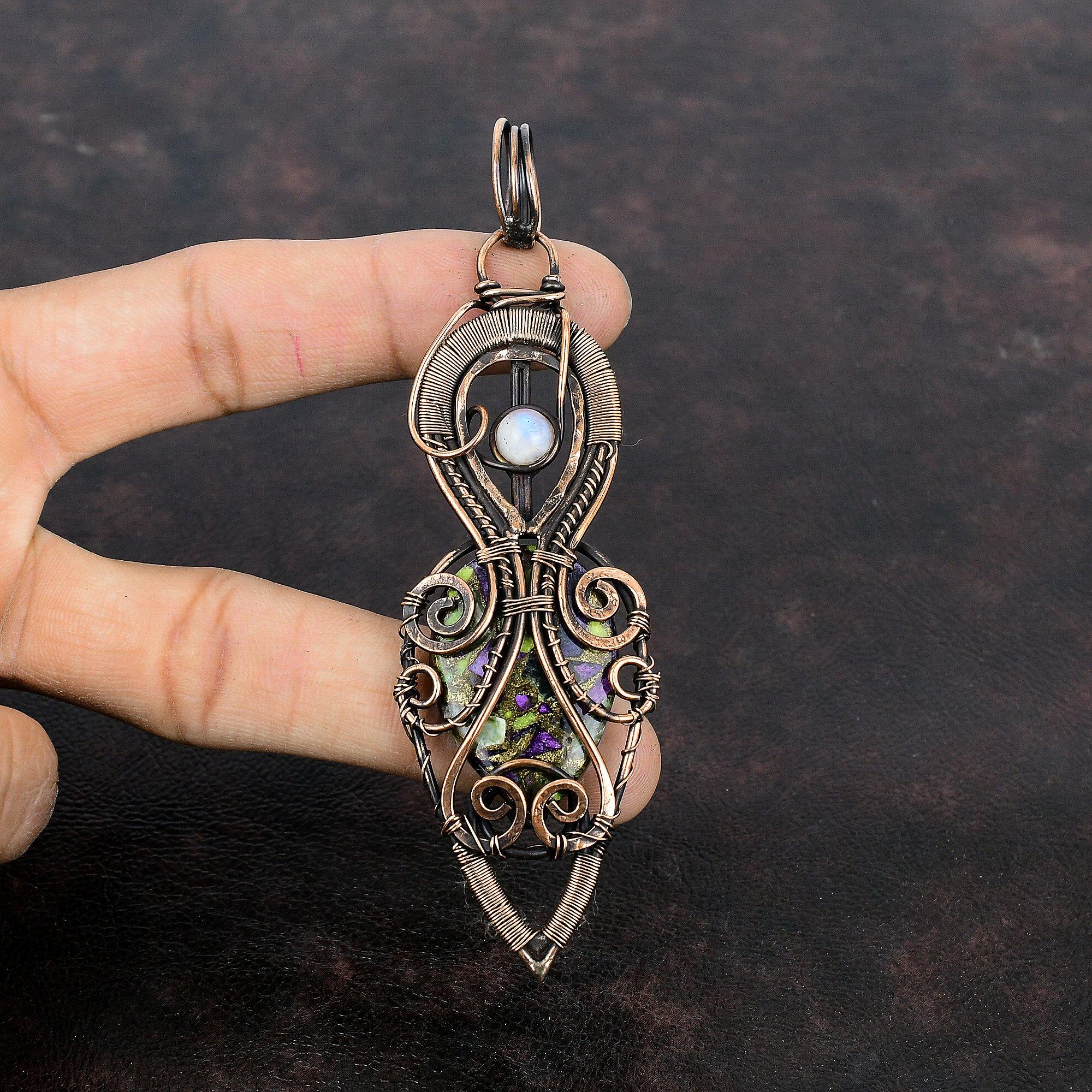 Pandantiv Stichtit Cupru Pandantiv Înfășurat în Sârmă de Cupru Bijuterii din Cupru Pandantiv Piatră Lunii Curcubeu Bijuterii Lucrate Manual Pandantiv cu Piatră Prețioasă Cadou Pentru Ea