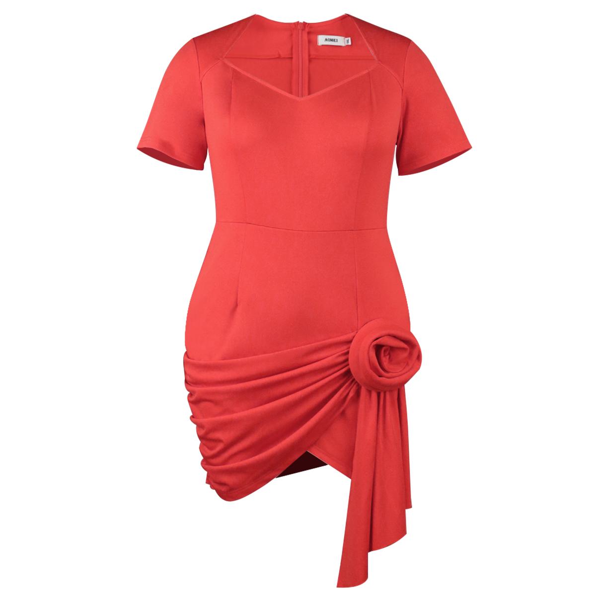 AOMEI V-Ausschnitt Partykleider Kurzarm Hohe Taille Paket Hüfte Rot Blumen Cocktail Abendveranstaltung Outfits