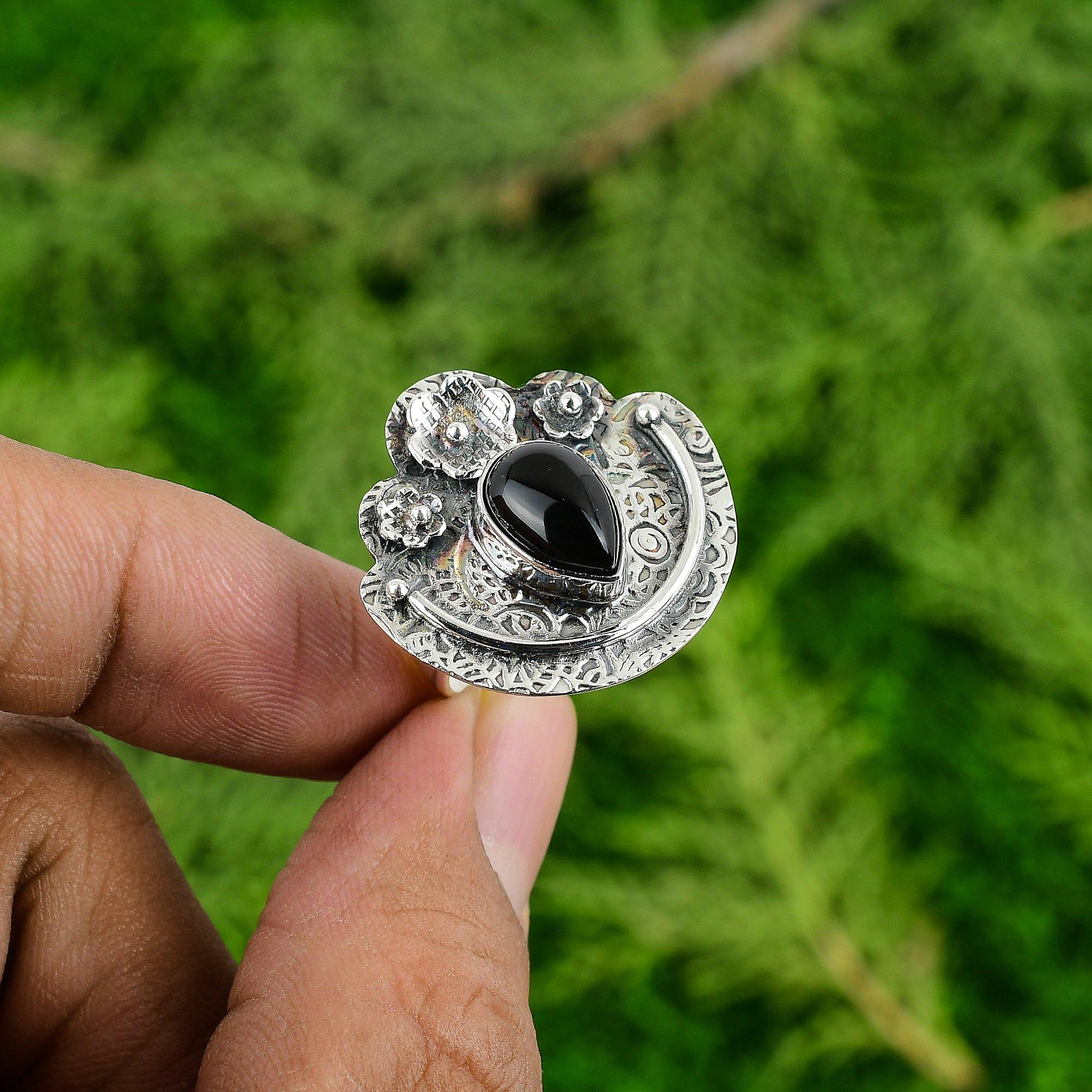 Root Chakra Black Onyx Stone 925 Silver Ethnic New Flower Promise Statement Ring