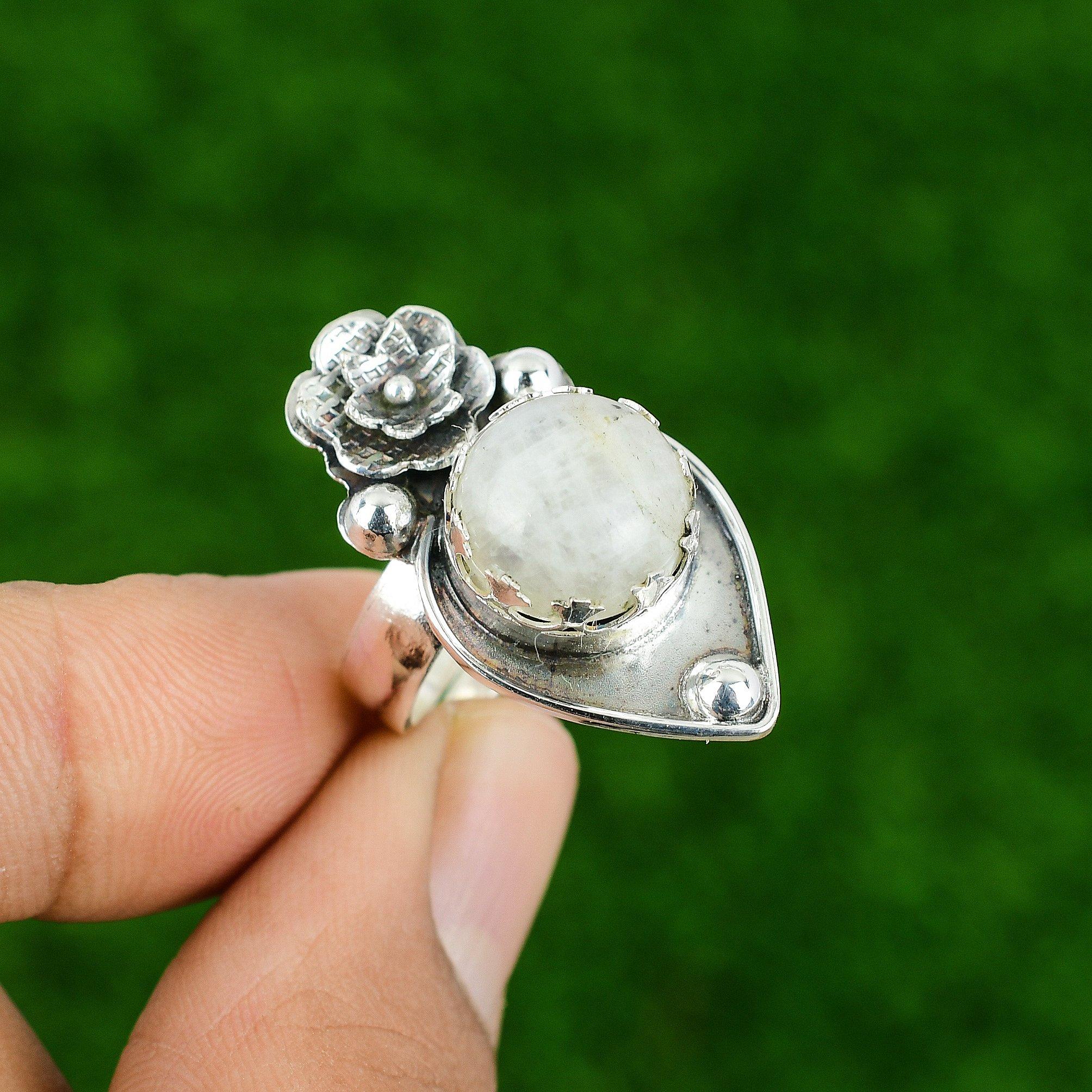 Gift For Her Natural Rainbow Moonstone Promise Flower Adjustable Ring 925 Silver
