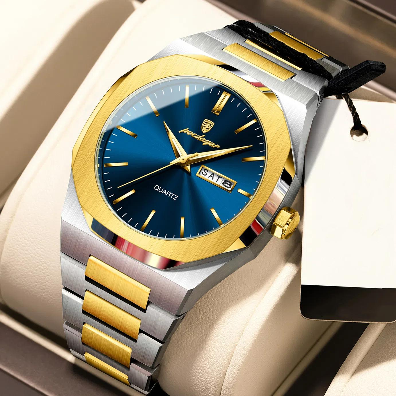 POEDAGAR Top Luxury Men Clock Waterproof Luminous Calendar Week Man Wristwatch Sports Stainless Steel Quartz Men's Watches