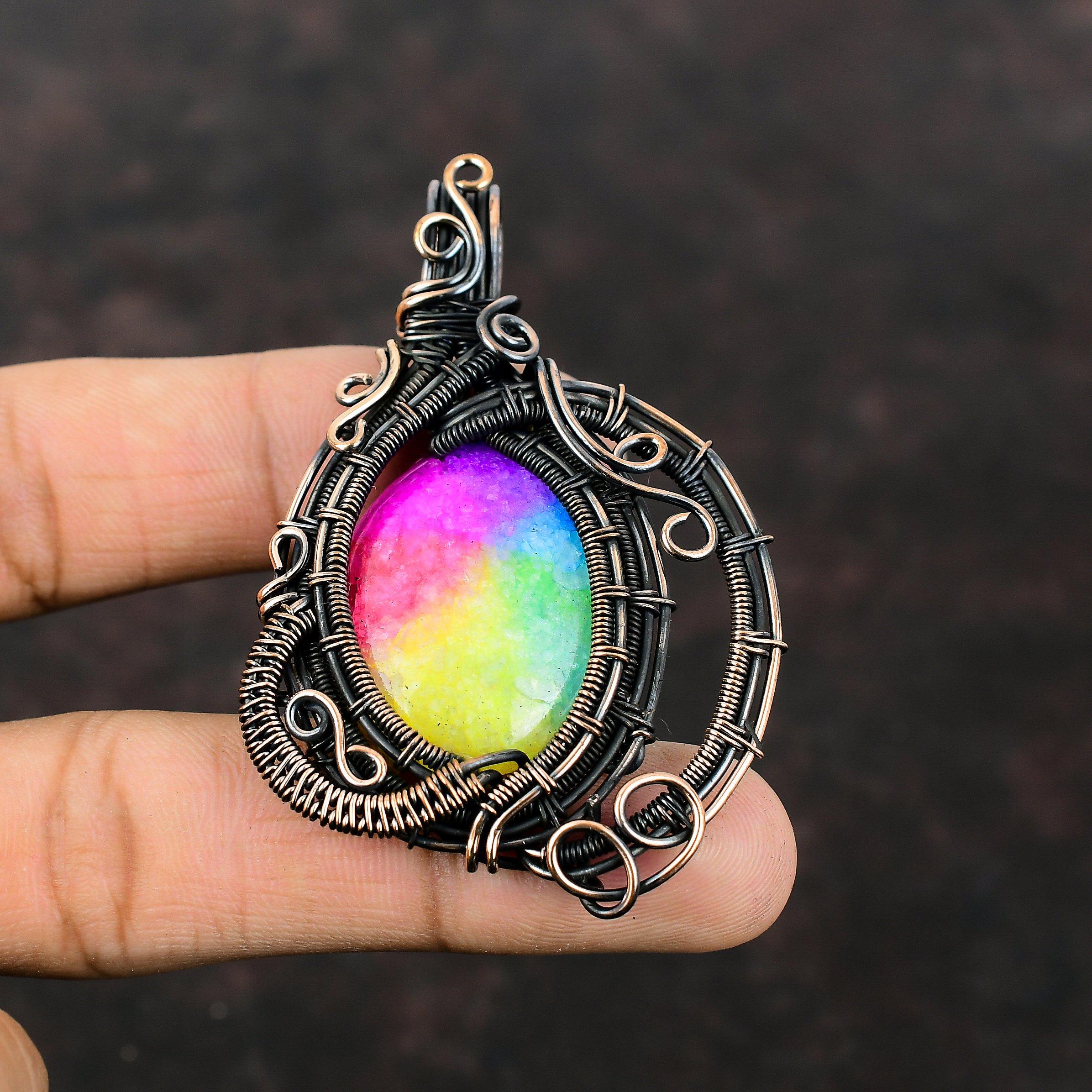 Rainbow Solar Quartz Druzy Pendant Copper Wire Wrapped Pendant Handmade Brand New Jewelry Gemstone Pendant Copper Wire Jewelry Gift For Mom
