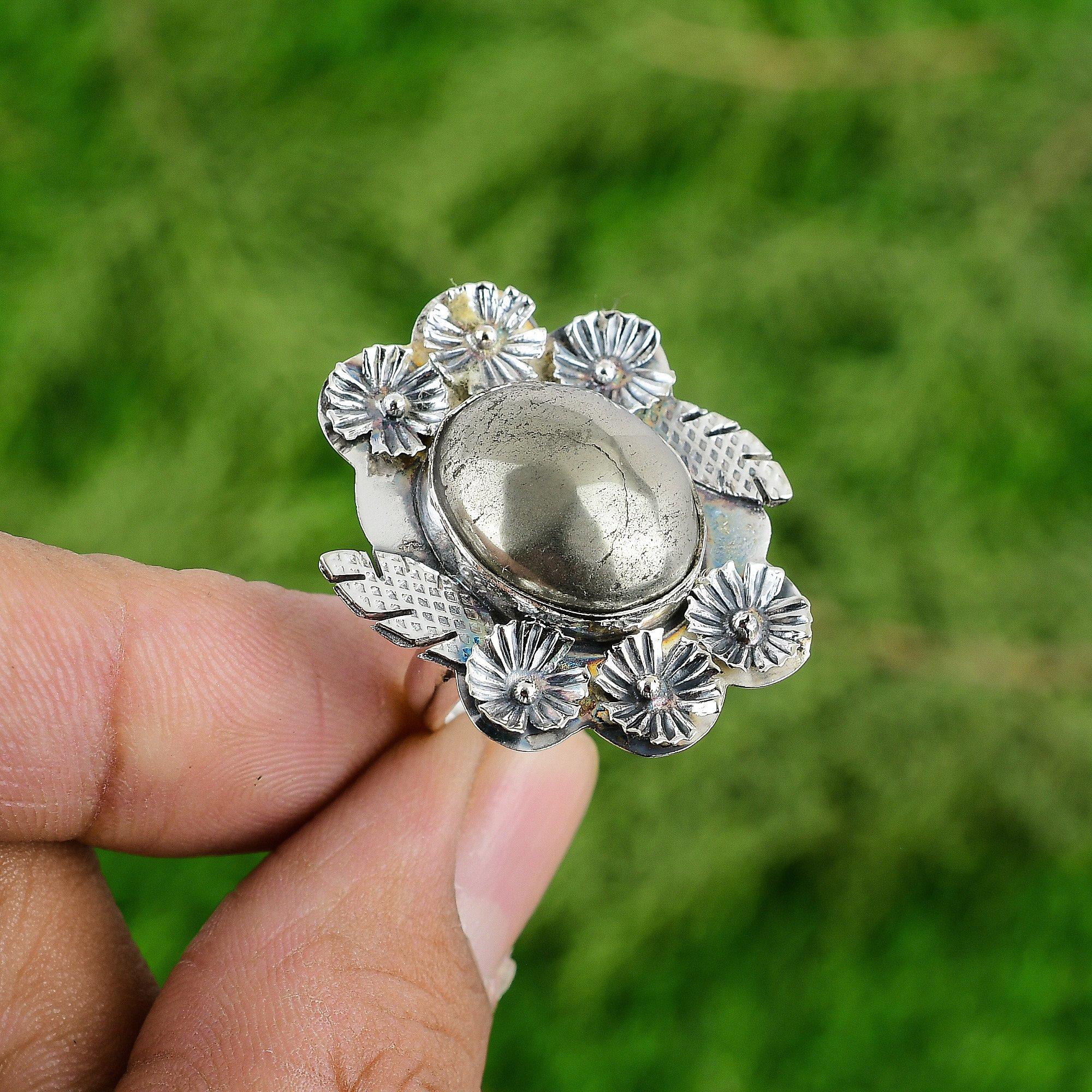 Gift For Women Multi Stone Flower Adjustable Ring 925 Silver Natural Pyrite