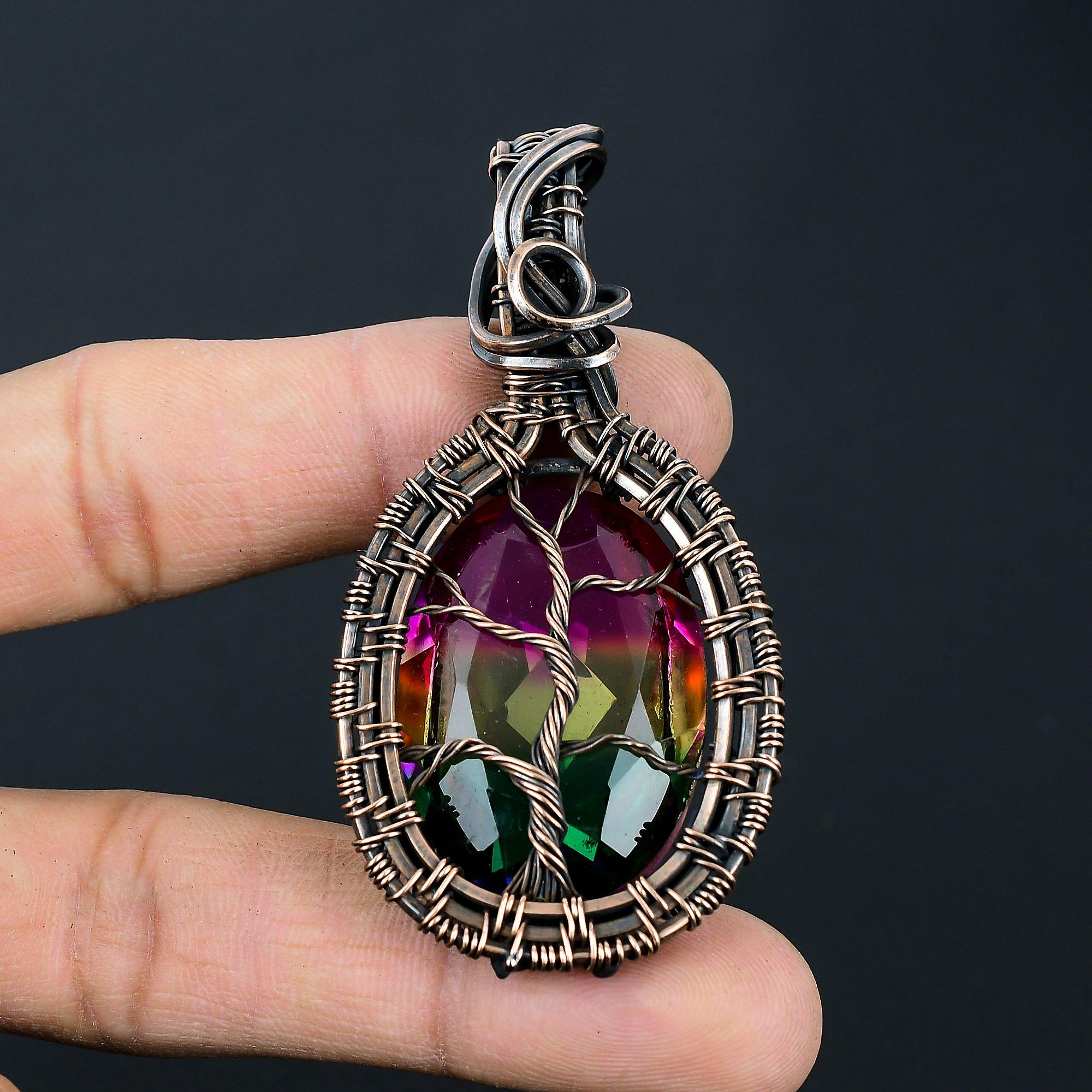 Tree Of Life Tri Color Labradorite Gemstone Handmade Pure Copper Wire Wrap Jewelry Pendant