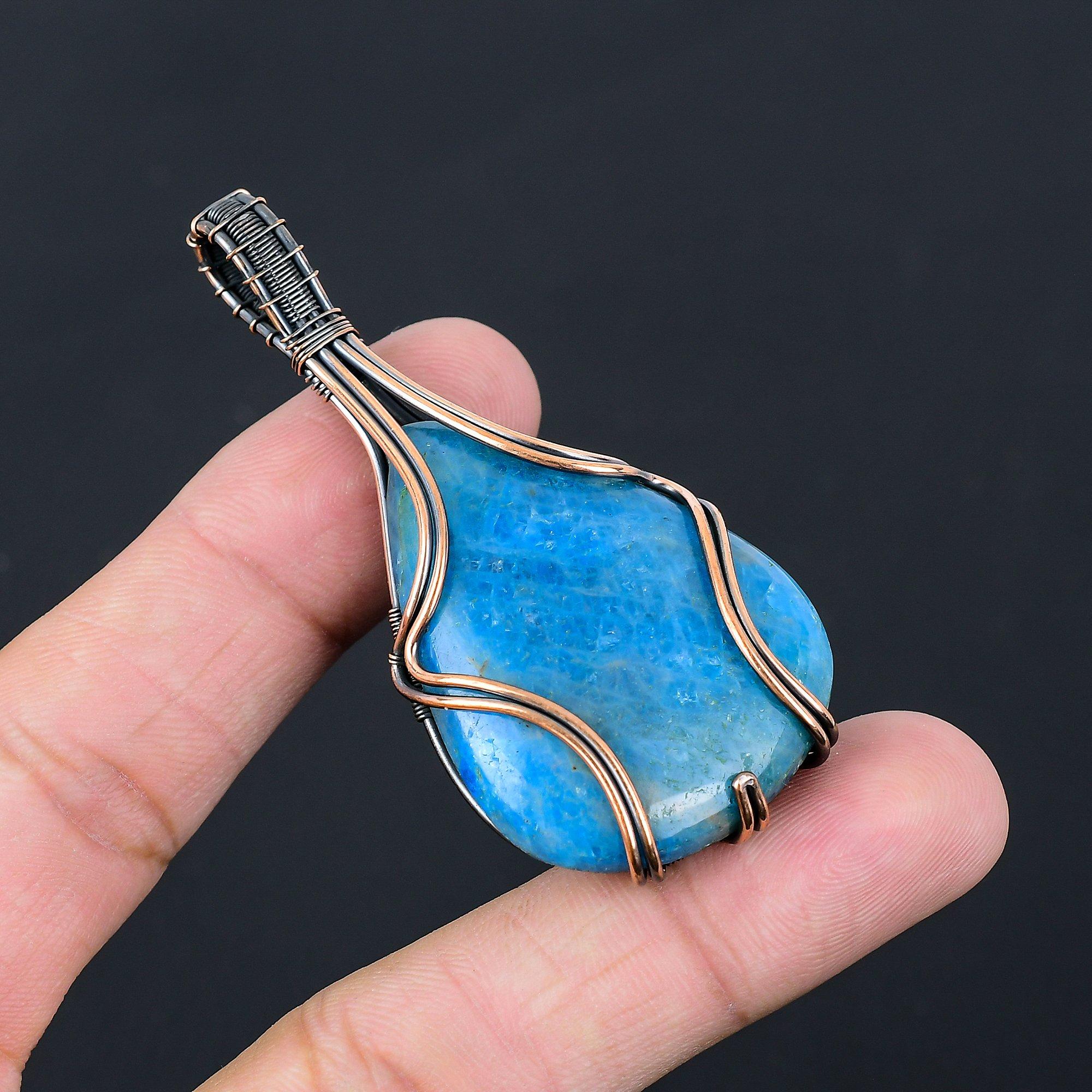 Neon Blue Apatite Gemstone Jewelry Pure Copper Wire Wrapped Handmade Pendant