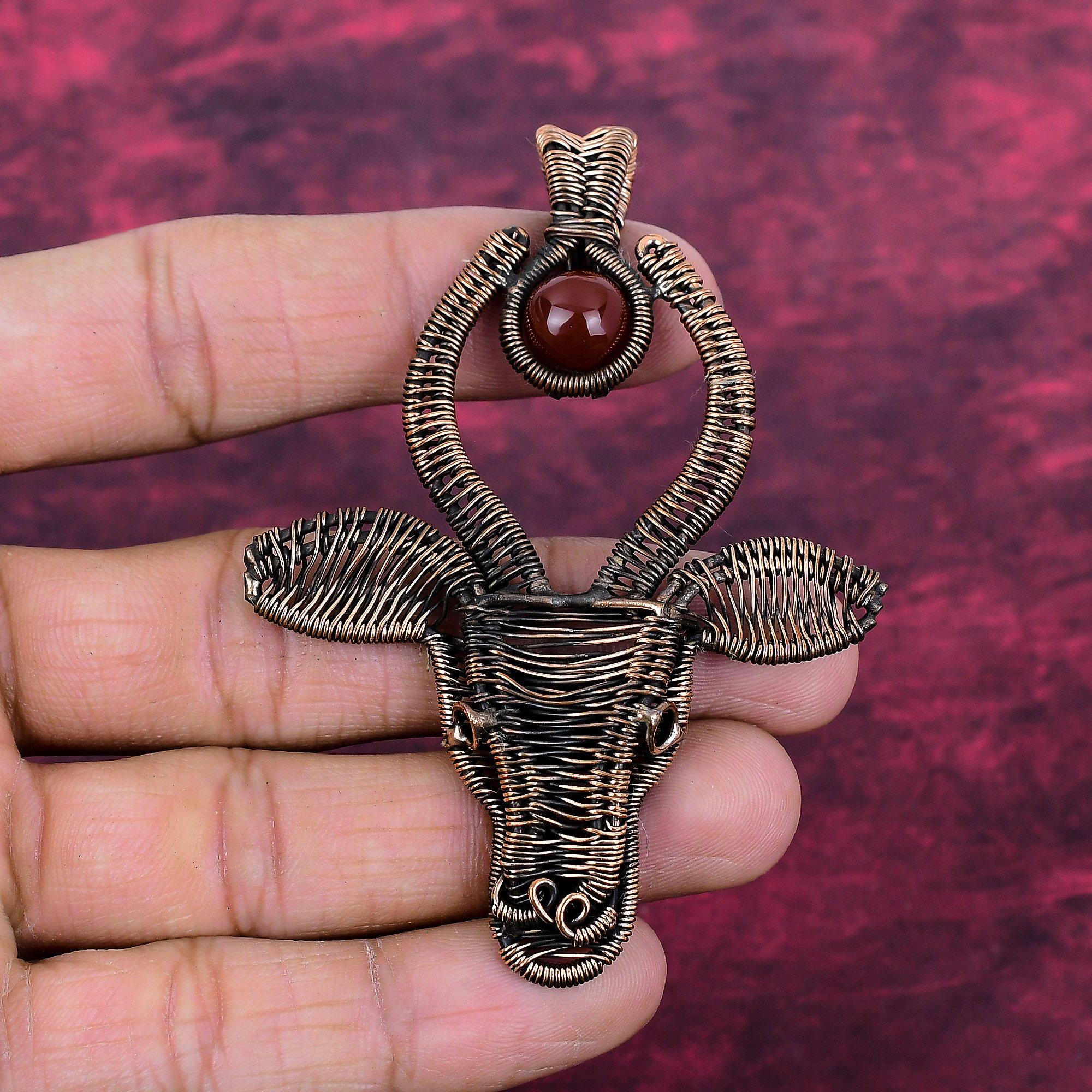 Carnelian Gemstone Pendant Copper Wire Wrapped Cow Face Pendant Handmade Jewelry