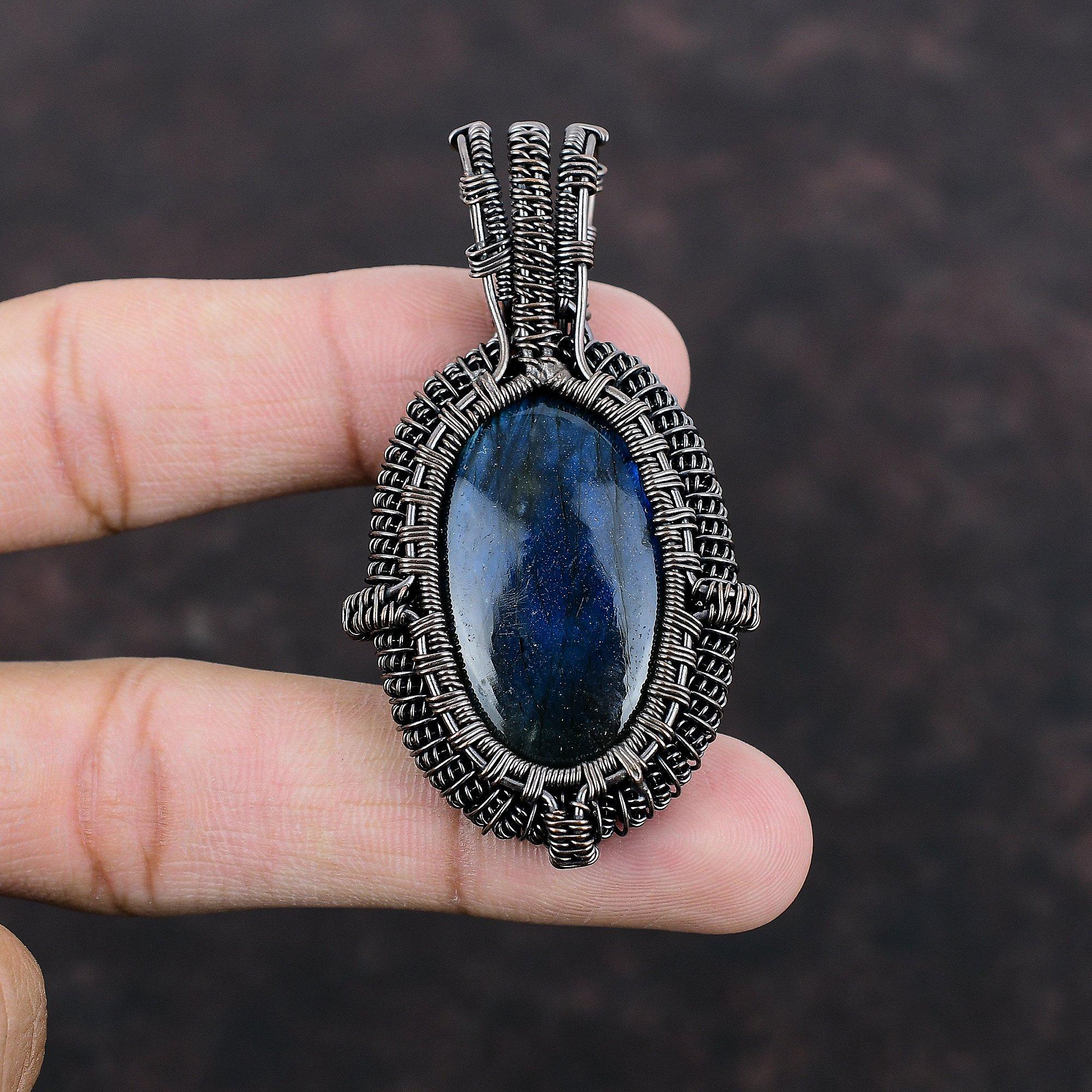 Підвіска з лабрадориту, обплетена мідним дротом, Підвіска ручної роботи, Чудові мідні прикраси, Витончена підвіска з дорогоцінним каменем, Прикраси з дроту для подарунка