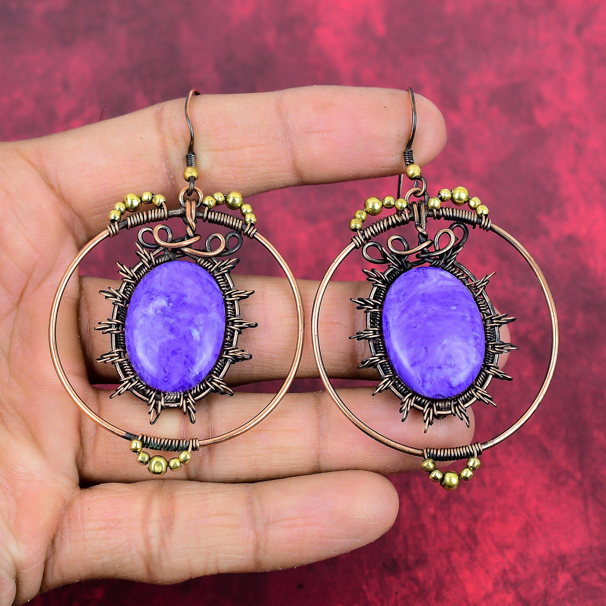 Charoite Earring Copper Wire Wrapped Jewelry Beautiful Gemstone Earring Handmade Jewelry Copper Wire Wrapped Antique Earring Gifts for Women