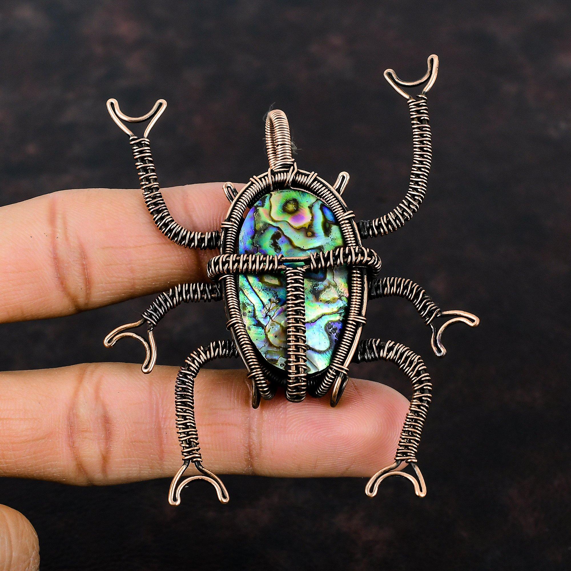 Abalone Shell Pendant Copper Wire Wrapped Pendant Beetle Pendant Wire Wrap Gemstone Jewelry Handmade Pendant Copper Jewelry Anniversary Gift