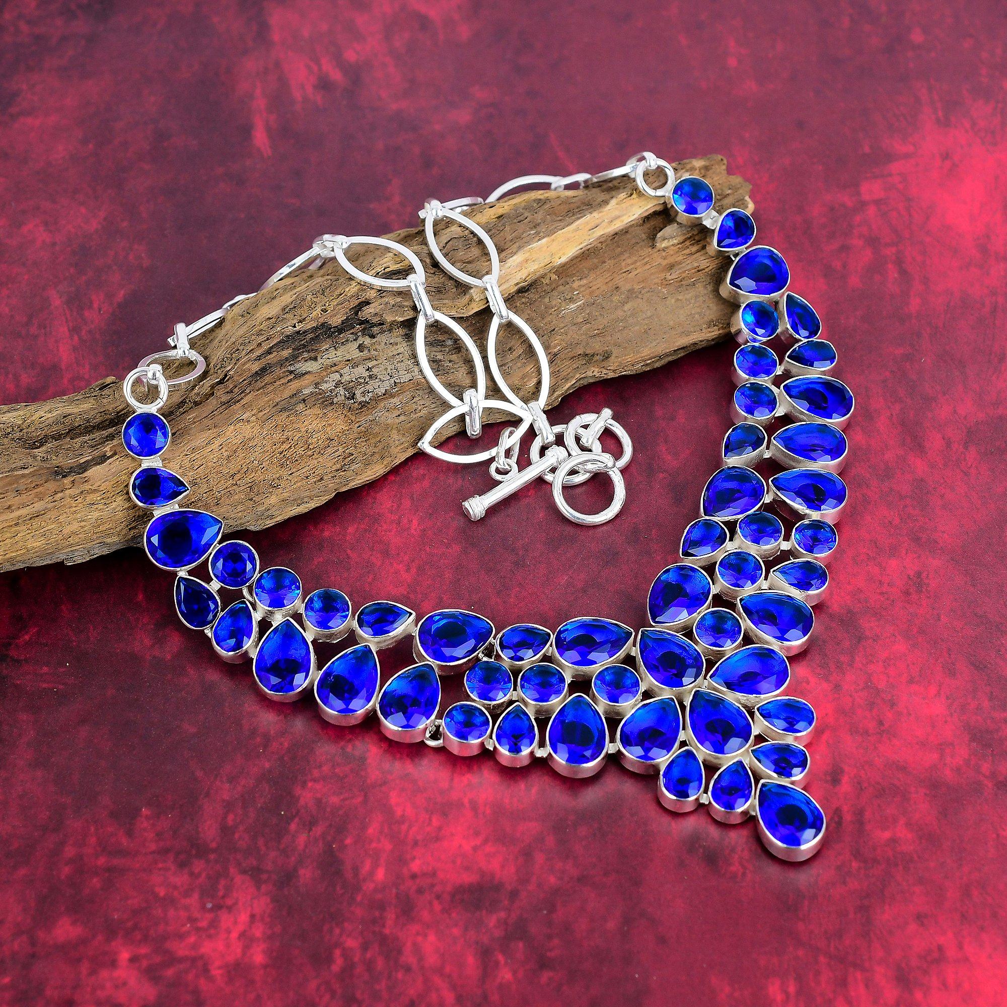 Colier cu safir albastru, colier cu pietre prețioase lucrate manual, colier din argint solid 925, bijuterii antice, pentru cadou de logodnă