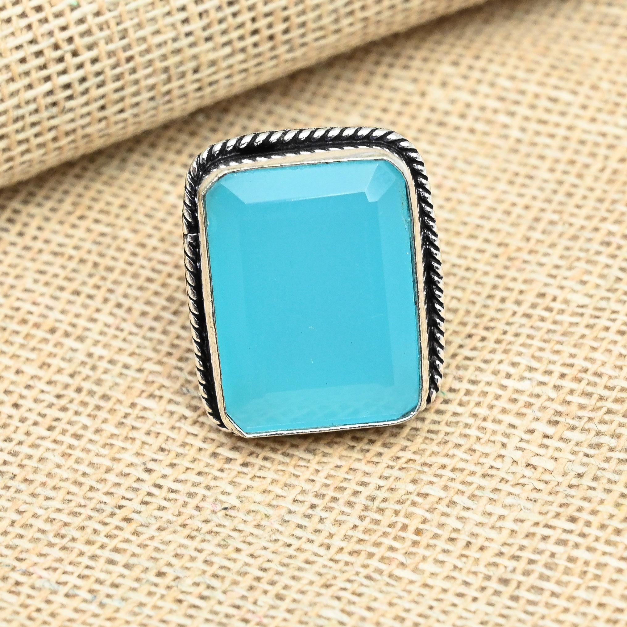 Aqua Chalcedony Gemstone 925 Sterling Silver Handmade Jewelry Design Ring For Her