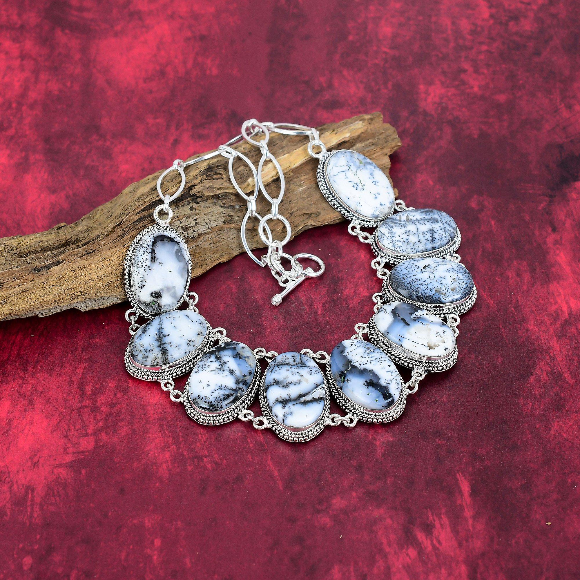 Dendrite Opal 925 Solid Sterling Silver Necklace with Adjustable Chain, Handmade Gemstone Jewelry Necklace Gift For Birthday