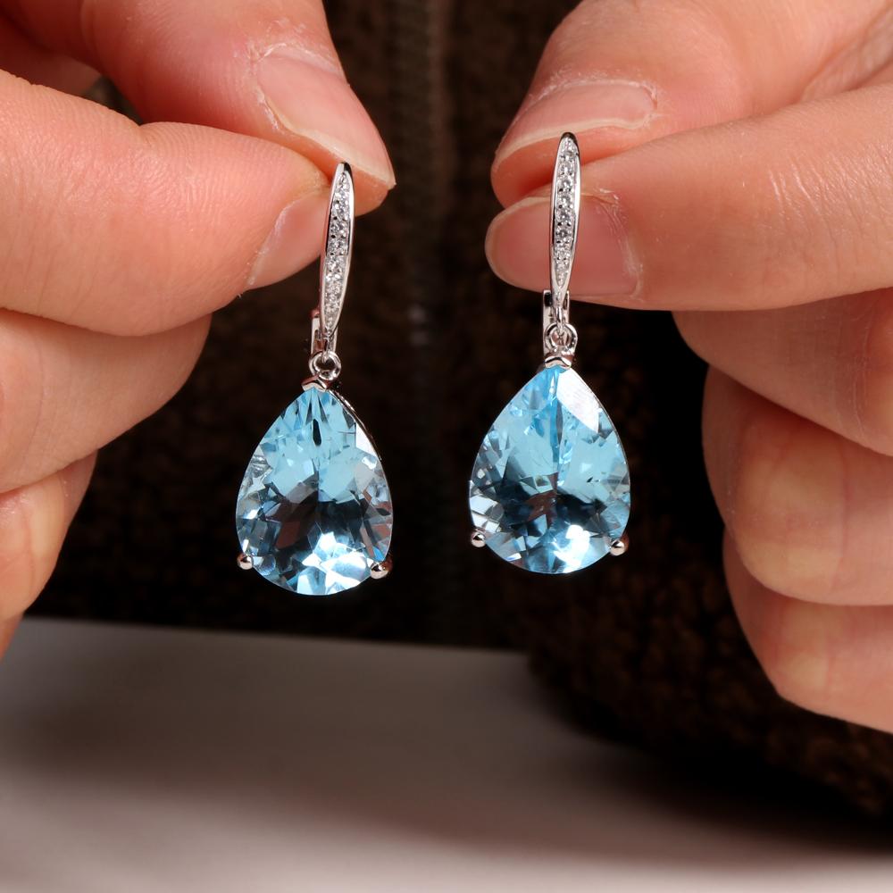 Elegant Dangle Clasp Silver Earring for Women & Girls Natural Huge Pears Shape Sky Blue Topaz Fine Jewelry Parties Birthday Gift