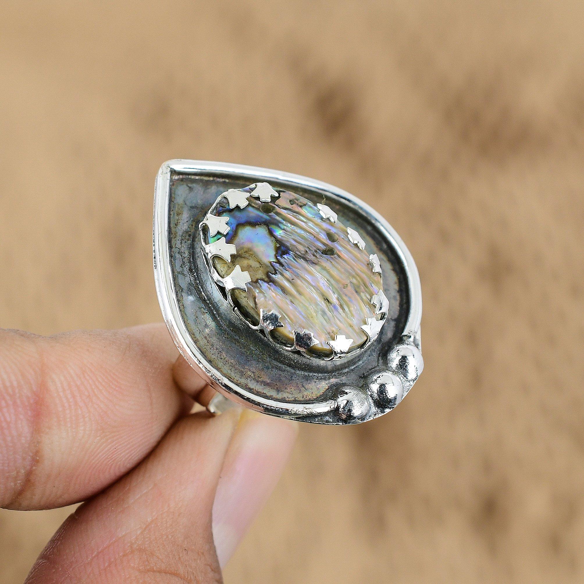 Gift For Her 925 Silver Natural Abalone Shell Multi Stone Adjustable Ring