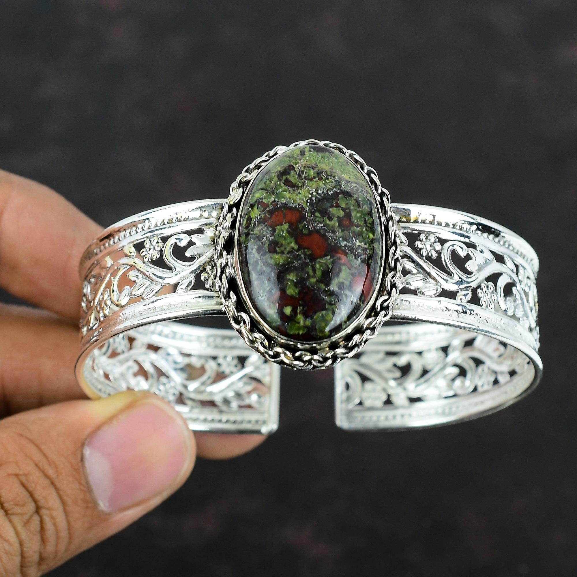 Dragon Bloodstone Bangle Natural Gemstone Cuff Bracelet 925 Sterling Silver Bangle Handmade Cuff Bracelet Adjustable Bangle Gifts For Women