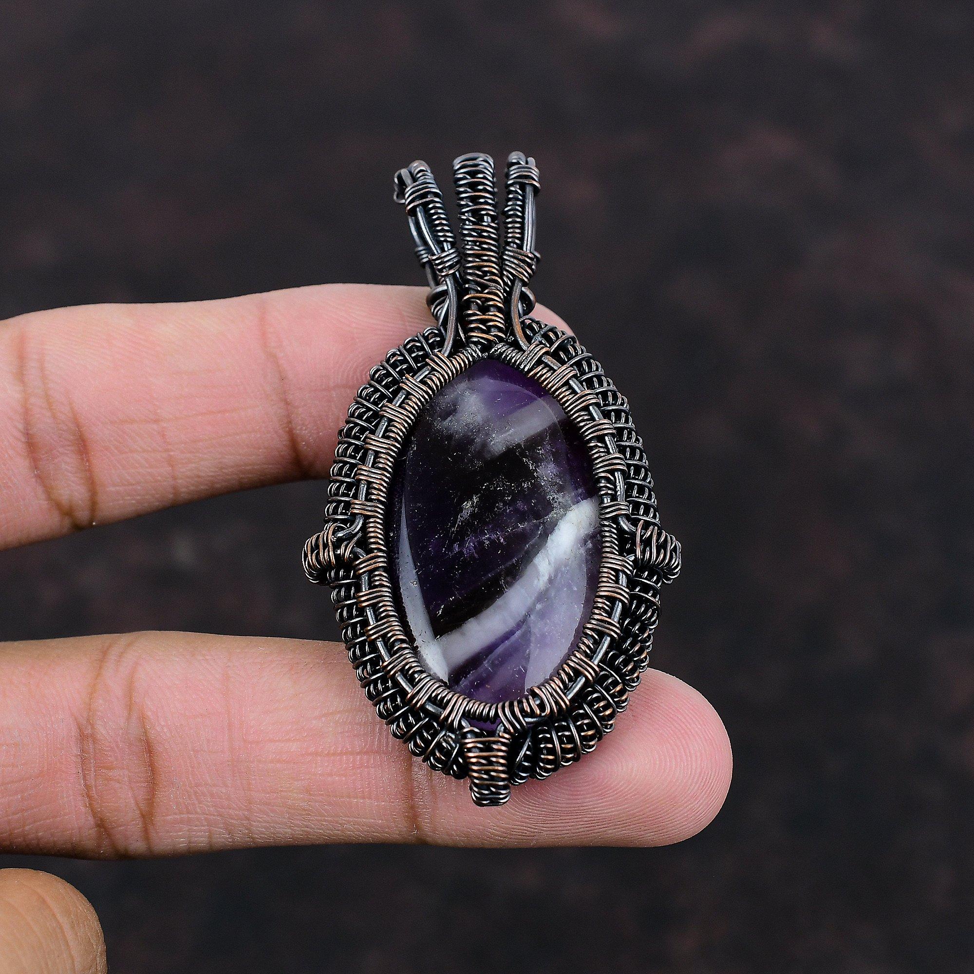 Chevron Amethyst Pendant Copper Wire Wrapped Pendant Gemstone Jewelry Handmade Pendant Copper Wire Wrap Jewelry Unique Pendant Gift For Him