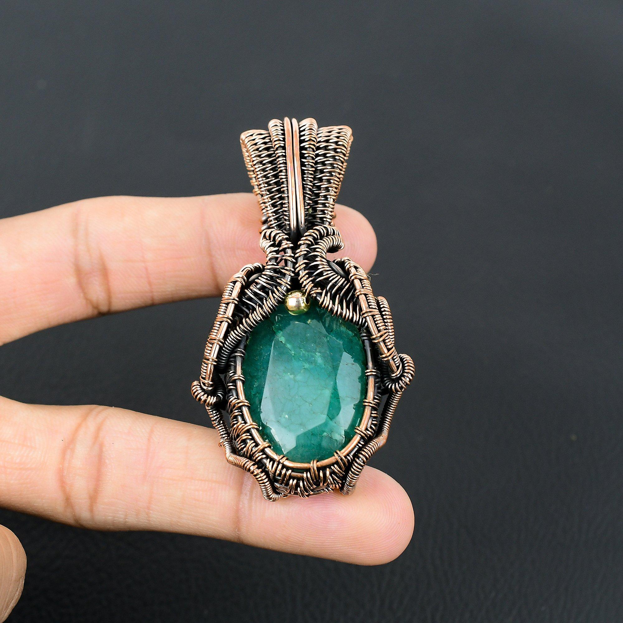 Emerald Gemstone Handmade Pure Copper Wire Wrapped Pendant Jewelry For Women