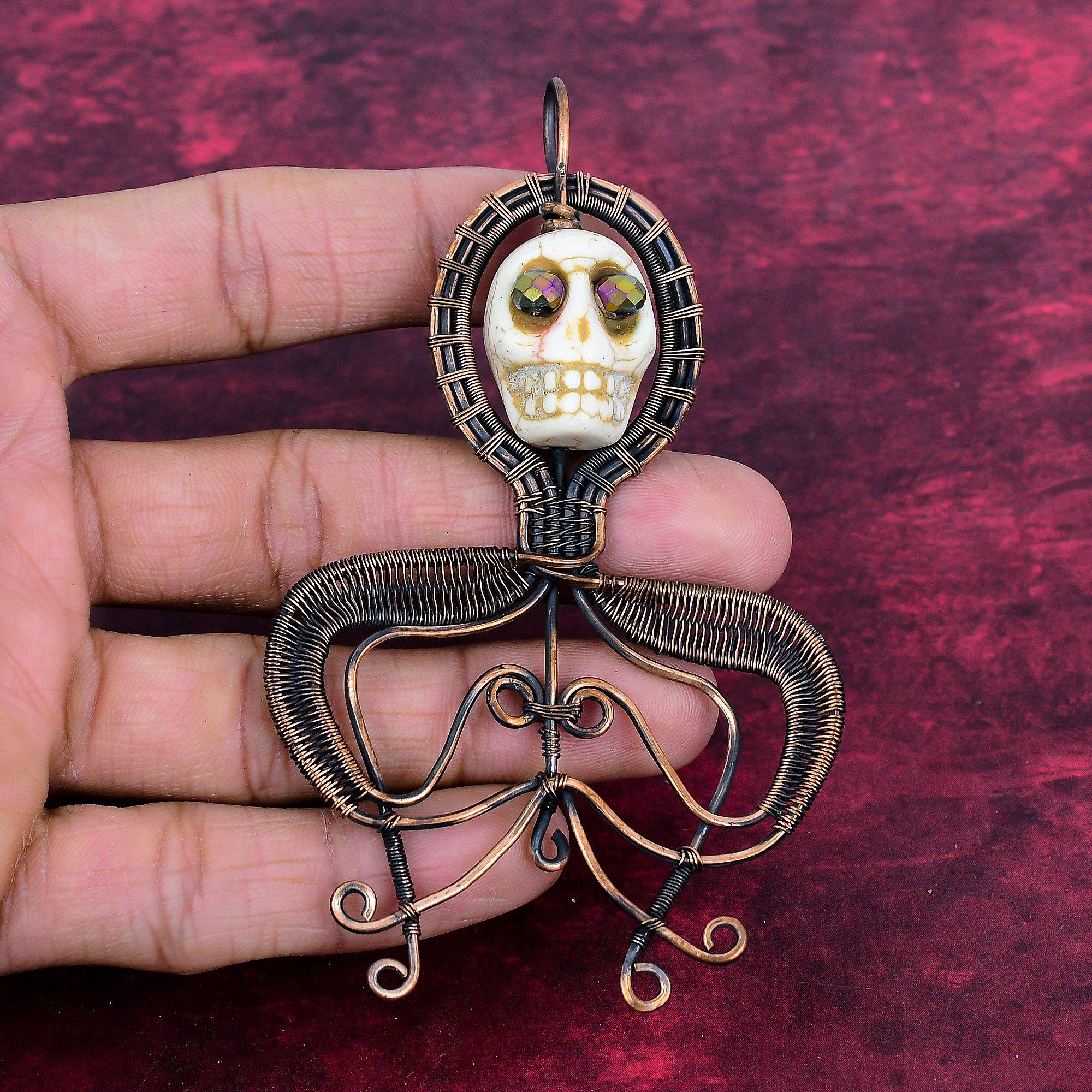 Howlite Pendant Copper Wire Wrapped Jewelry Titanium Bead Eyes Jewelry Skull Bone Face Pendant