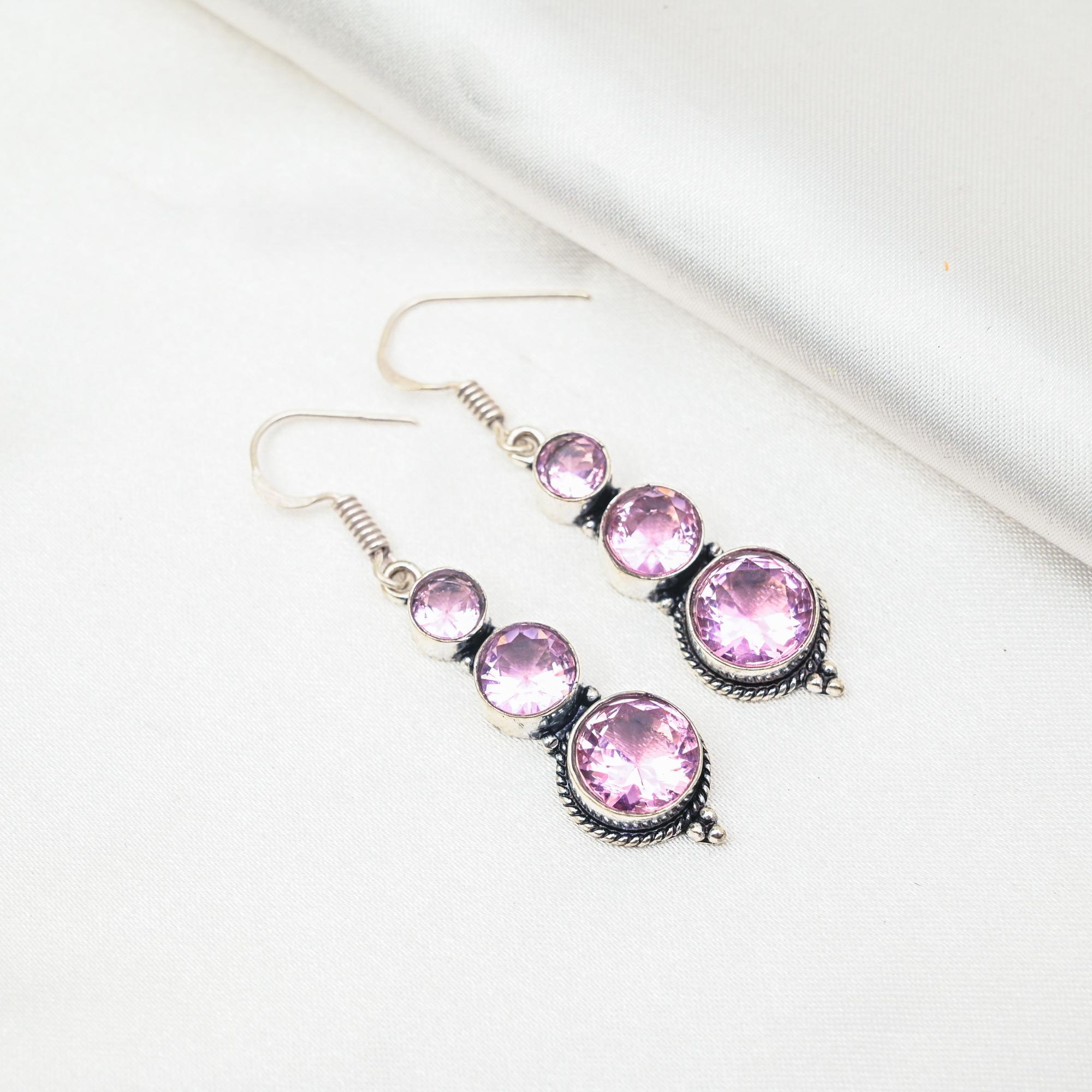 Boucles d'oreilles Kunzite Rose Bijoux en Pierres Précieuses, Boucles d'oreilles en Argent Sterling Massif 925, Bijoux Faits Main Boucles d'oreilles Pierre de Naissance, Cadeau Pour Lui