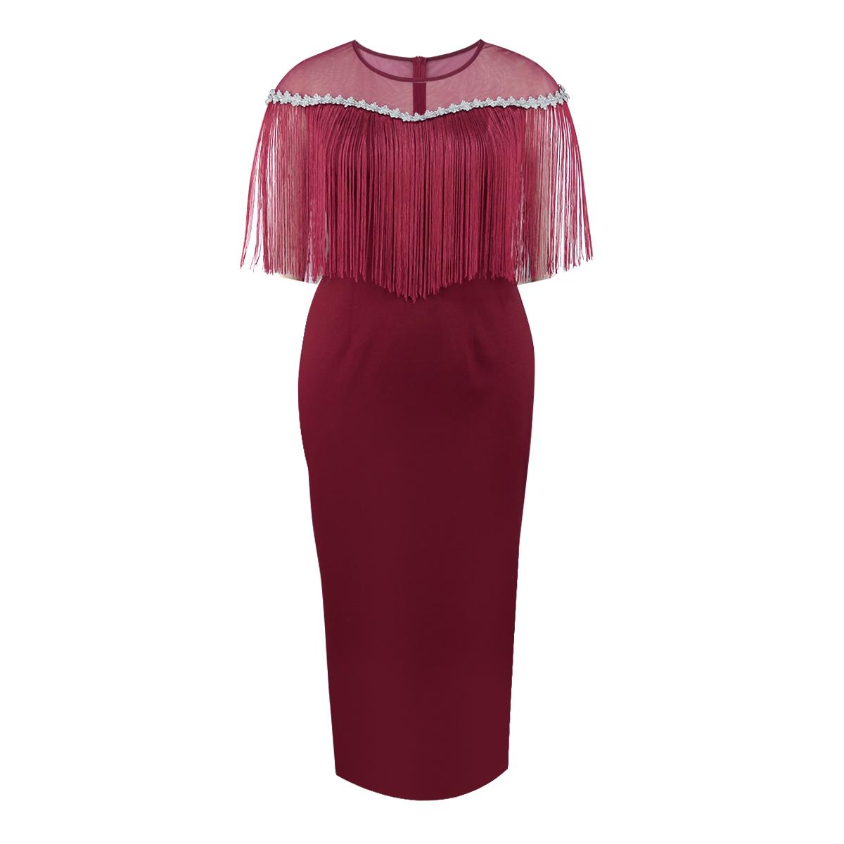 AOMEI Burgundy Fringe Midi-kjoler O-hals kvaster Empire Package Hip aftenbanketter Kjoler for kvinner