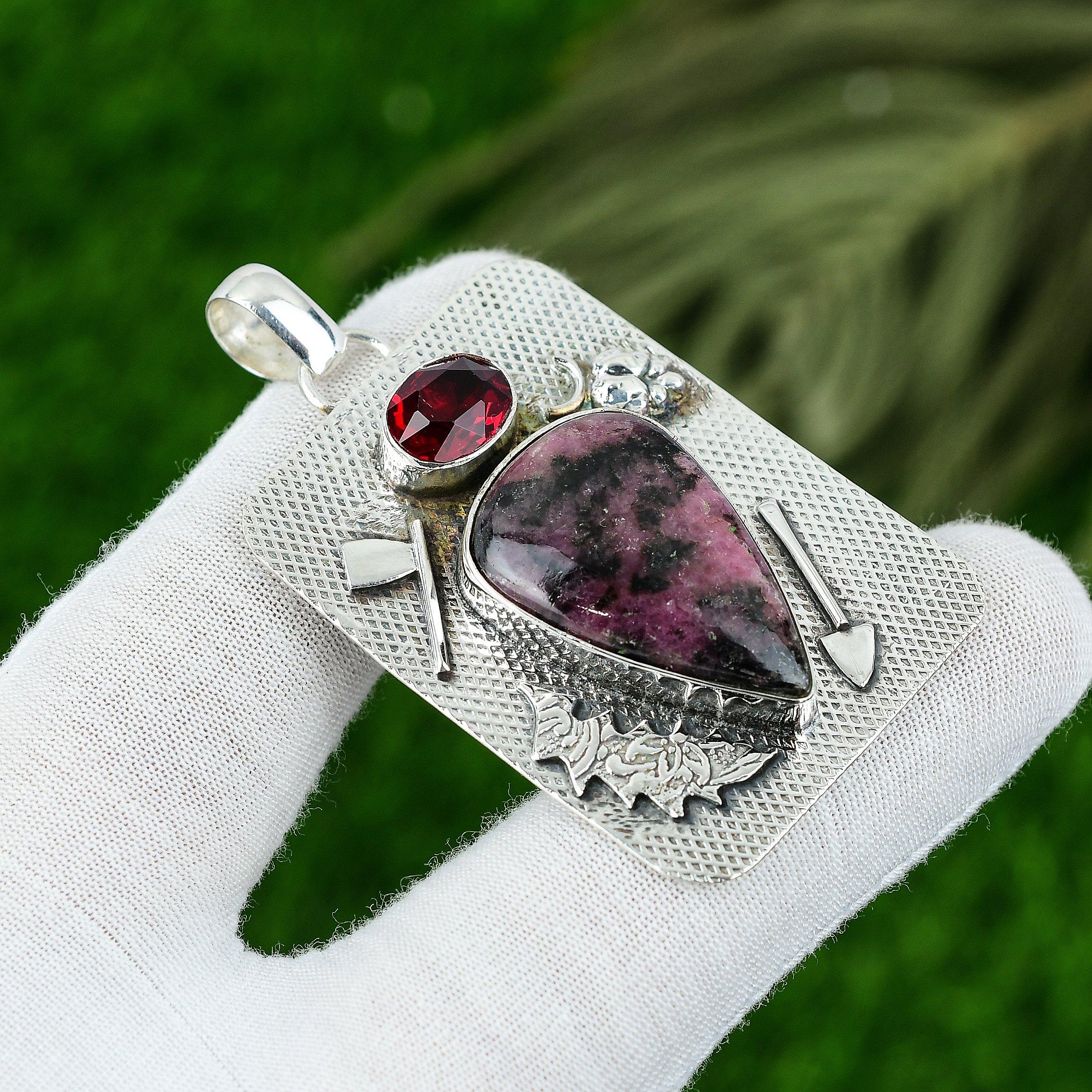 Anniversary Gift For Her Natural Rhodonite Gemstone Pendant 925 Sterling Silver