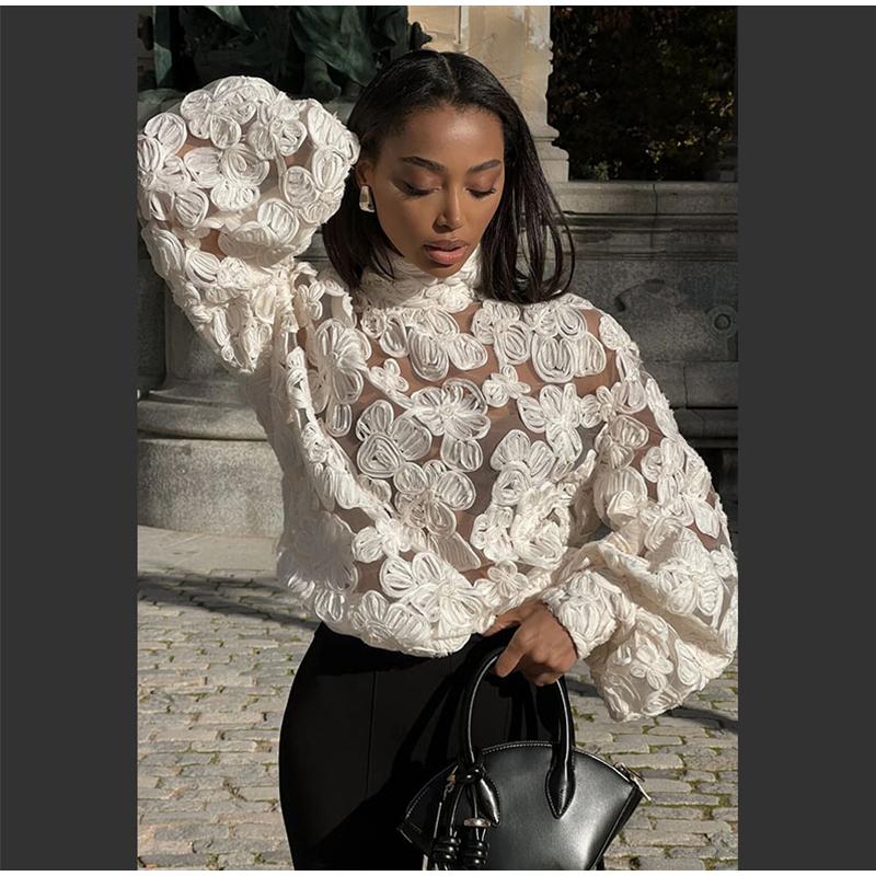 High Neck Stereo Flower Shirt Lace Hollow Out Top Perspective Organza Long Sleeved Trendy French Blouse Smock Women 2025 Spring Autumn New