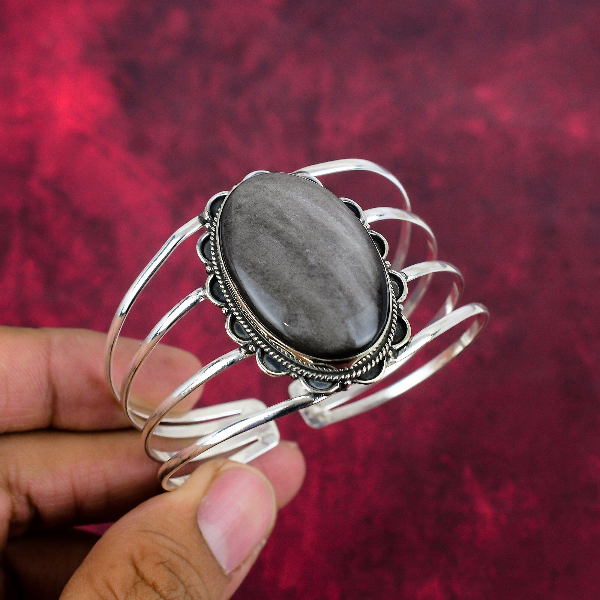 Silver Sheen Obsidian Handmade Gemstone Jewelry, 925 Solid Sterling Silver Bangle Unique Design Jewelry, For Women
