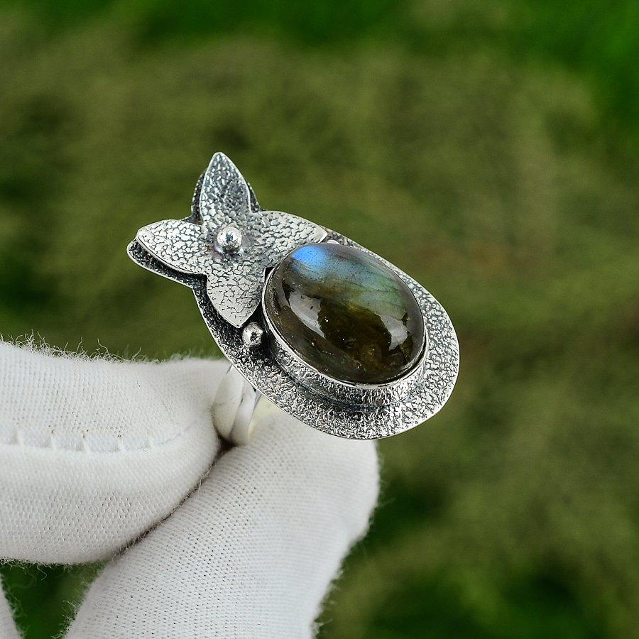 Natural Labradorite Gemstone Solitaire Adjustable Ring 925 Silver For Girls