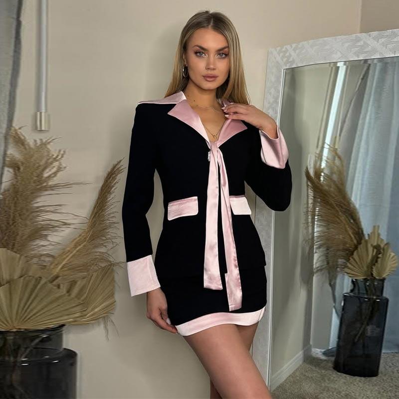 Elegant Patchwork Women Mini Skirt Sets Fashion Lapel Full Sleeve Blazer Coats High Waist Skirts Sweet 2025 Spring Autumn New Office Lady Suit