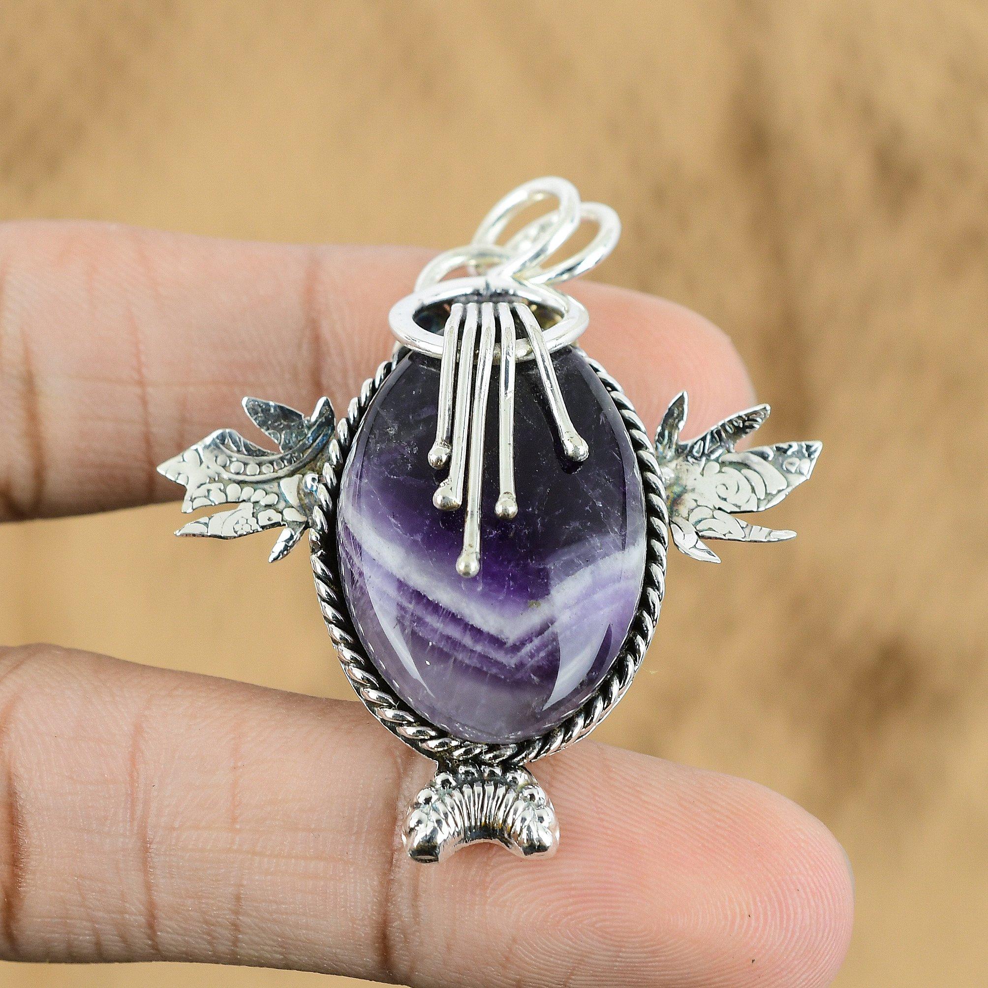 Mothers day Deal Chevron Amethyst Stone Trendy Crown Chakra Pendant 925 Silver